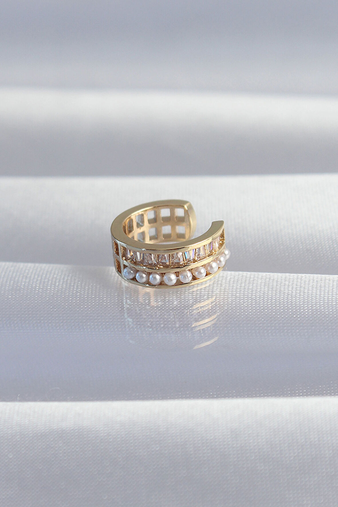 Pirinç Gold Renk İncili Baget Taşlı Earcuff Küpe