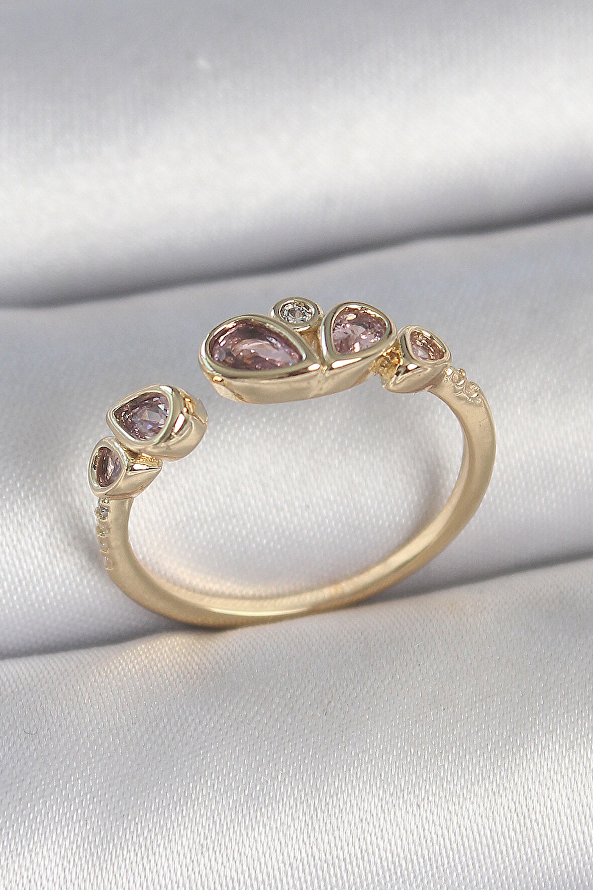 Pirinç Gold Renk Pembe Damla Zirkon Taşlı Ayarlanabilir Kadın Yüzük