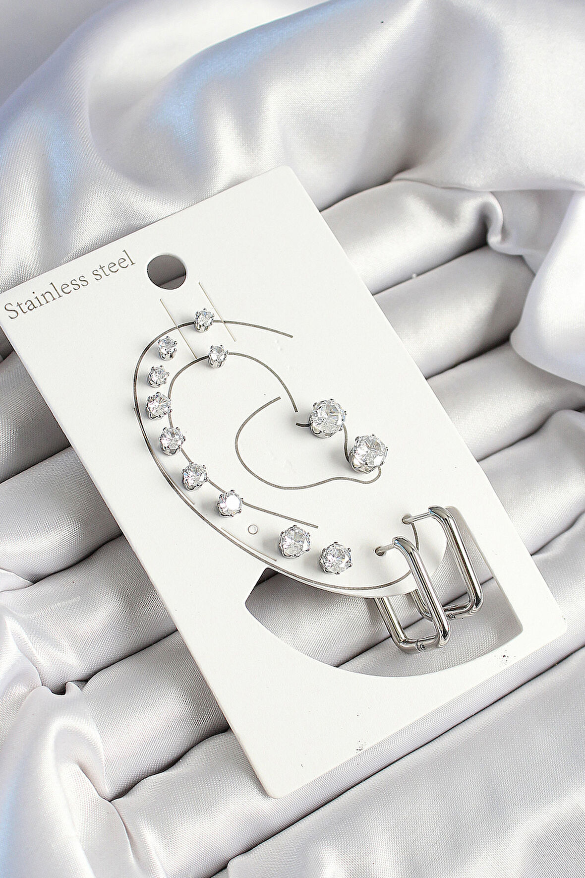 316L Çelik Dikdörtgen Figürlü Ve Zirkon Taşlı Gümüş Renk 7'li Çift Kadın Küpe Set