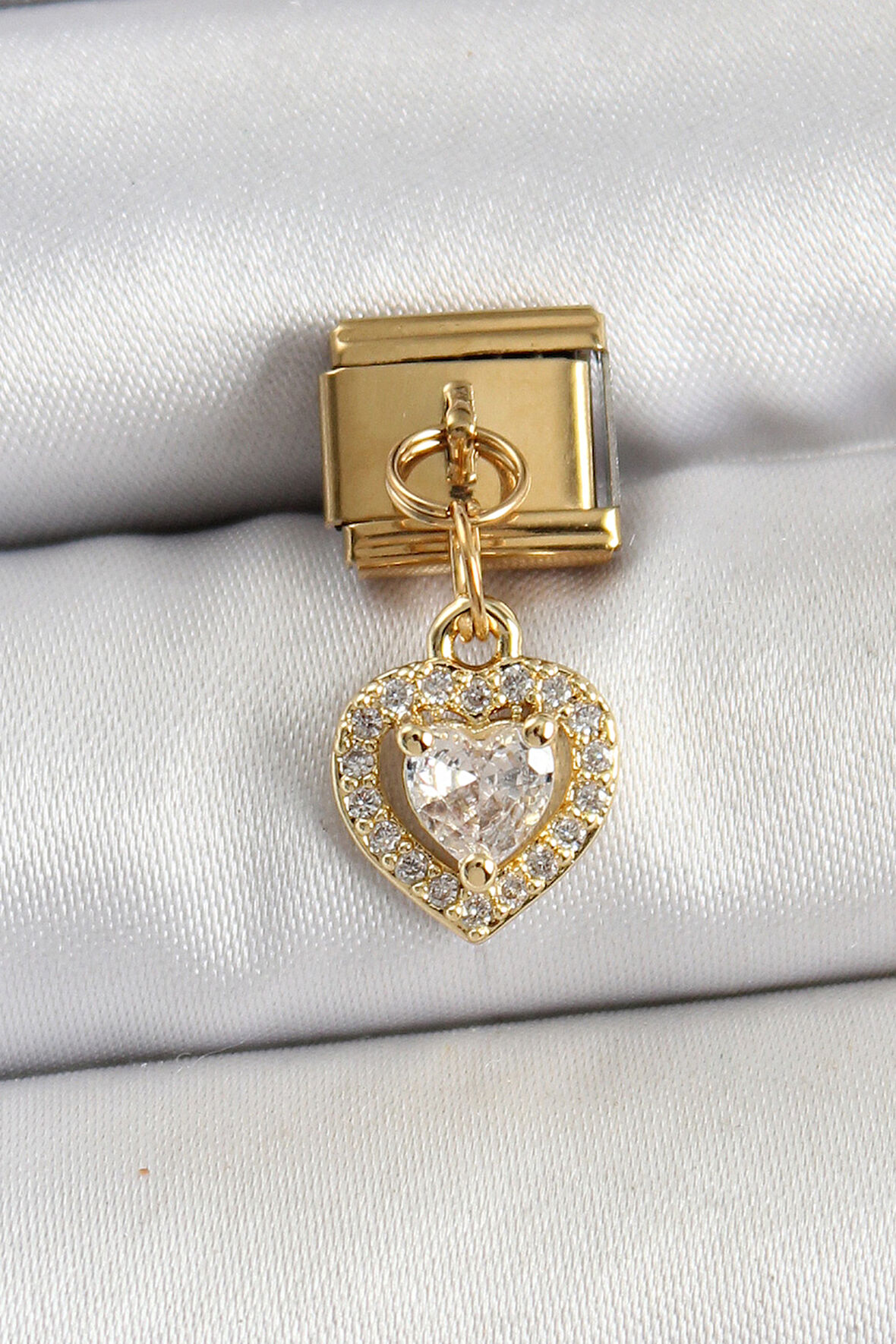 316L Çelik Sallantılı Zirkon Taşlı Kalp Model Gold Renk Nomination Charm