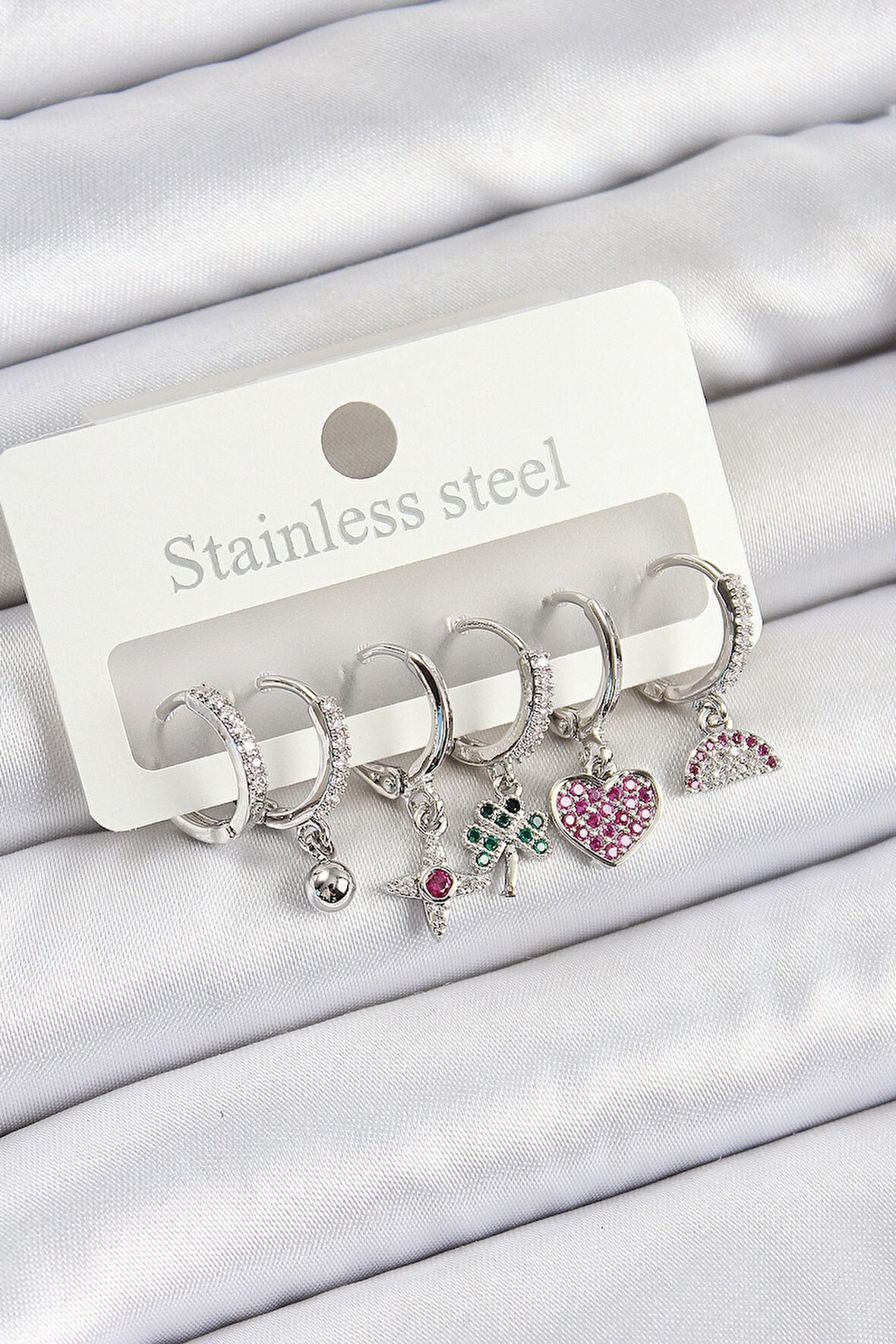 Pirinç Zirkon Taşlı Karpuz Yonca Kalp Pusula Karışık Model Gümüş Renk 6'lı Set Kadın Küpe