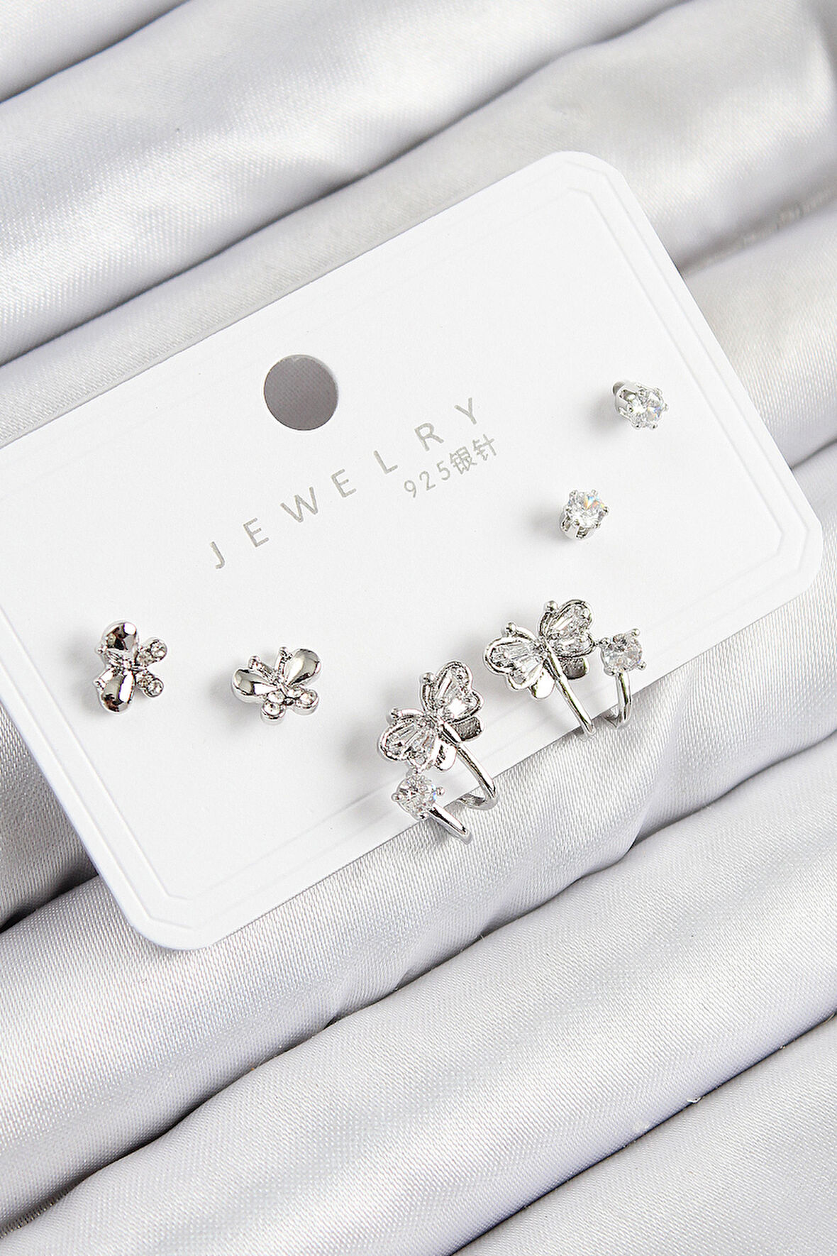 Pirinç Zirkon Taşlı Kelebek Model Gümüş Renk 925 Ayar Gümüş Çivi Kadın Küpe Set