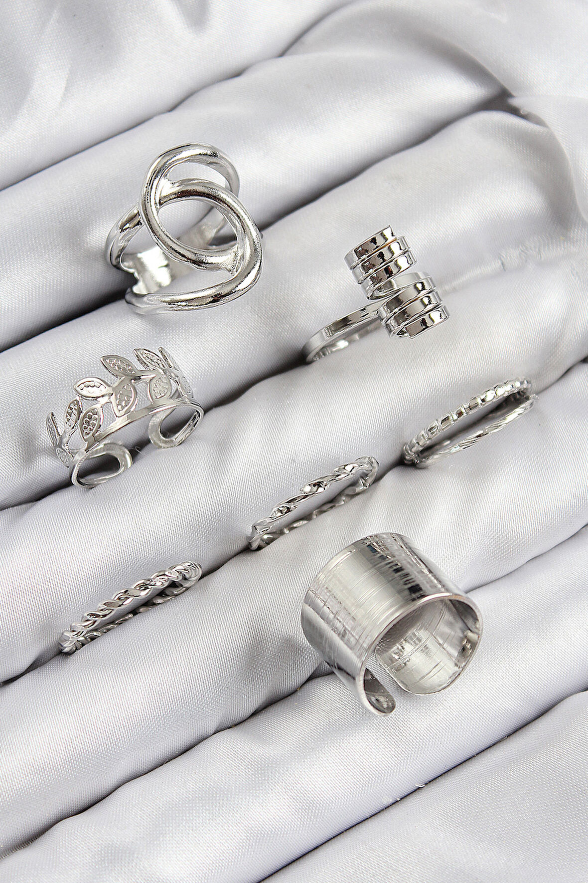 Pirinç Yaprak Model Gümüş Renk Kadın Yüzük Kombin Set