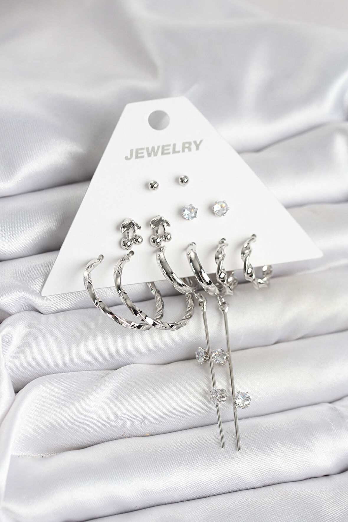 Gümüş Renk Pirinç 6'lı Kadın Küpe Seti EB-BKP11341