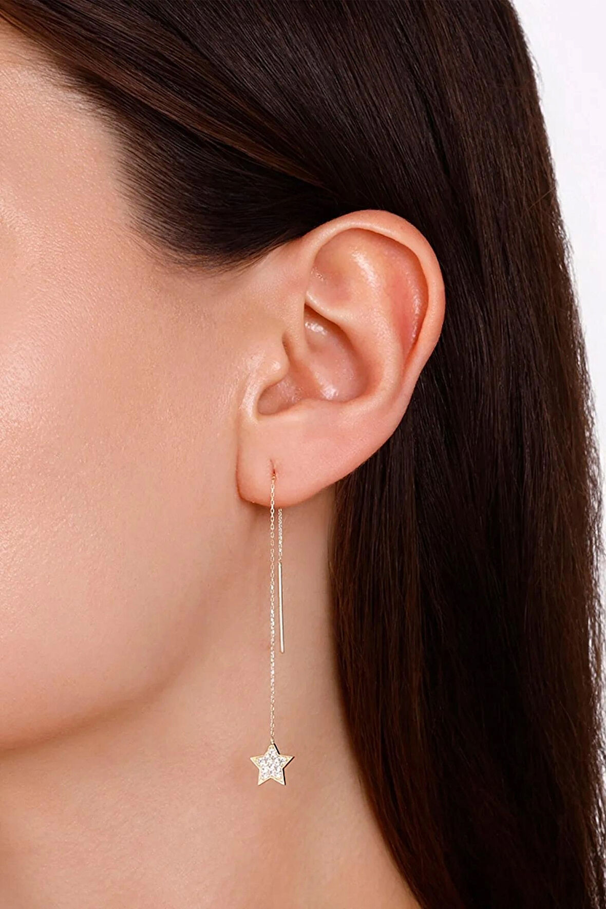 14 Ayar Altın Yıldız Zincirli Tek Küpe