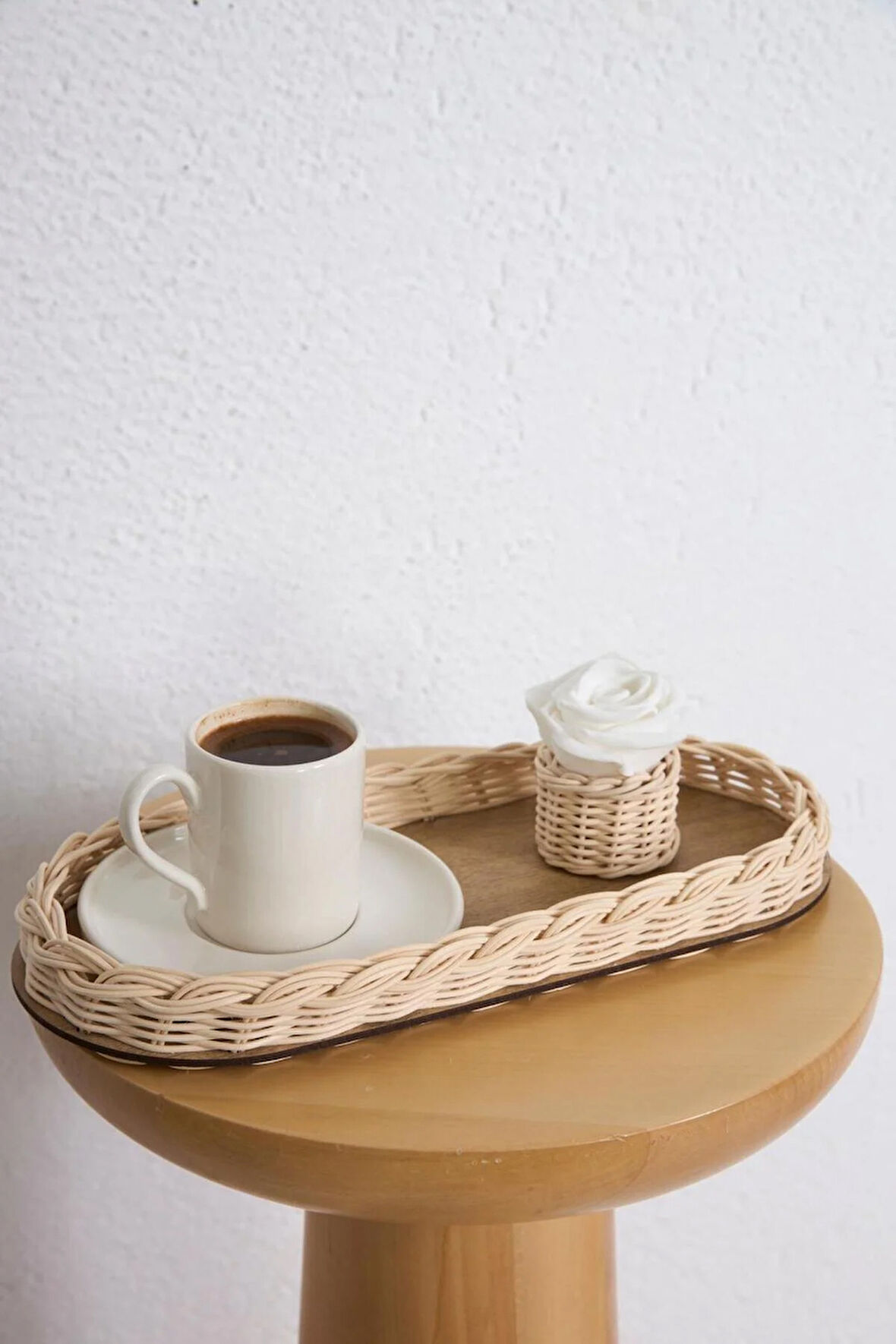 2'li Set Rattan Düzenleyici & Rattan Güllük Sunum Seti Düzenleyici Tepsi, Kahve Sunumluğu