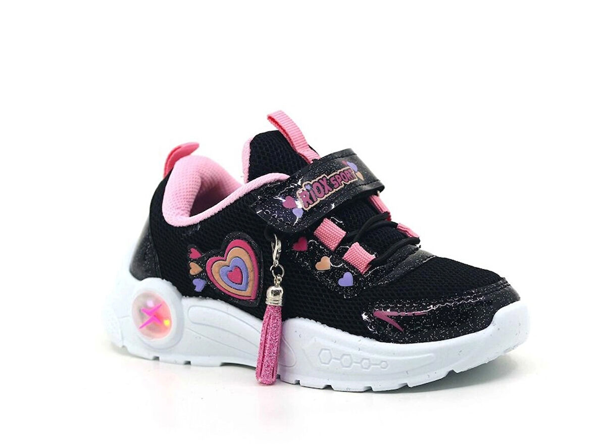 Işıklı Çocuk Spor Ayakkabı, Kalp Desenli, Siyah-Pembe, Tassel Detaylı Tarzox