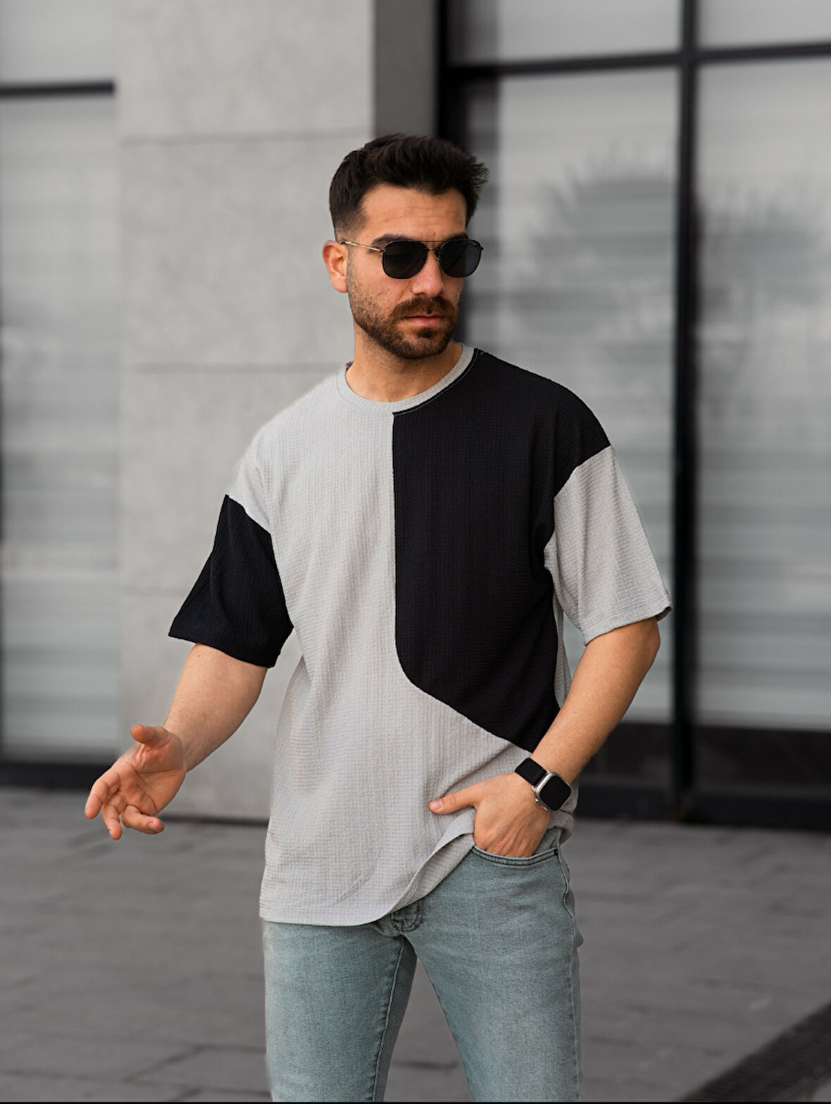 Tişört Erkek Parçalı Desen Regular Fit Bisiklet Yaka Bürümcük Tshirt Erkek T-Shir