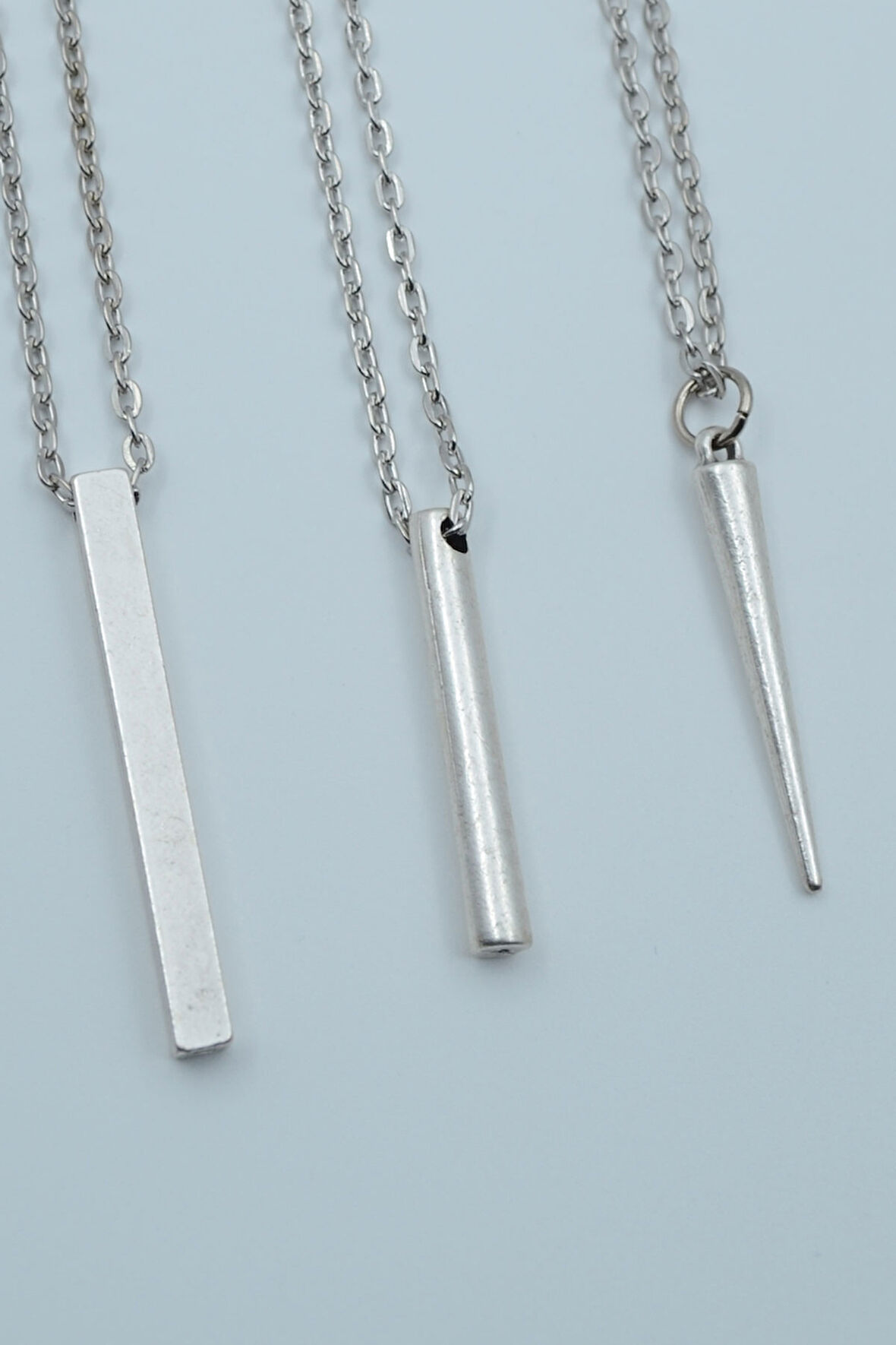 3'lü Çubuk Prizma Silindir Çubuk Gümüş Kaplama Kolye Seti