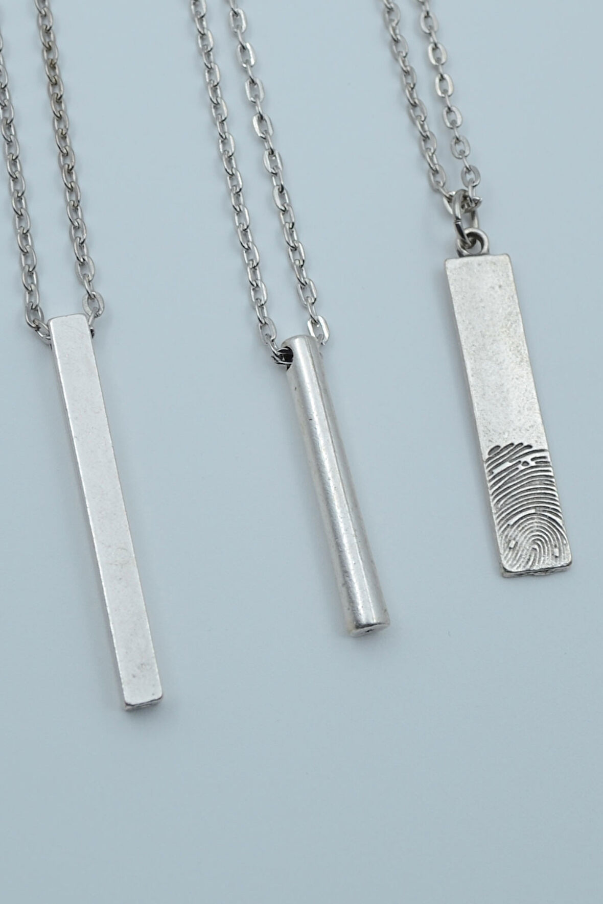 3'lü Çubuk Prizma Silindir Parmak İzi Gümüş Kaplama Kolye Seti