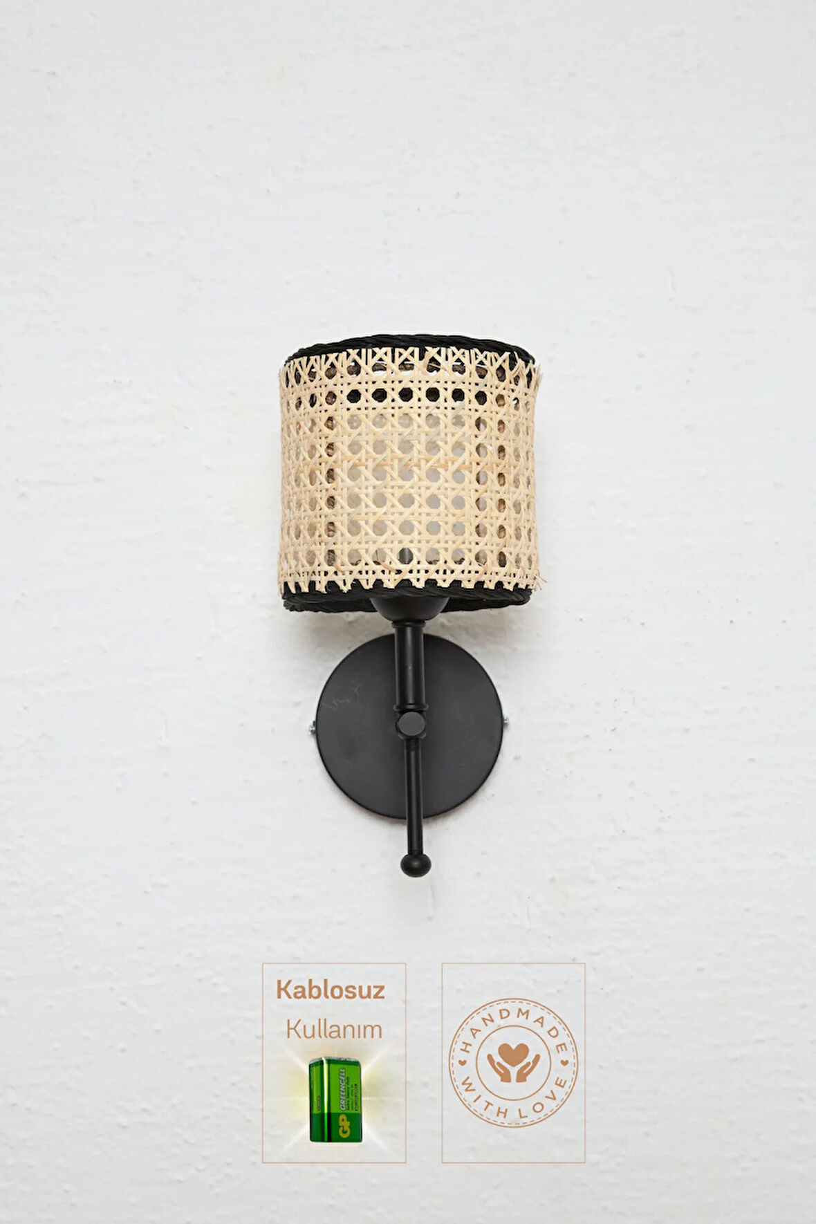 Hazeran & Rattan Siyah Yukarı Duvar Aydınlatması Kablosuz Pilli Ledli Aplik