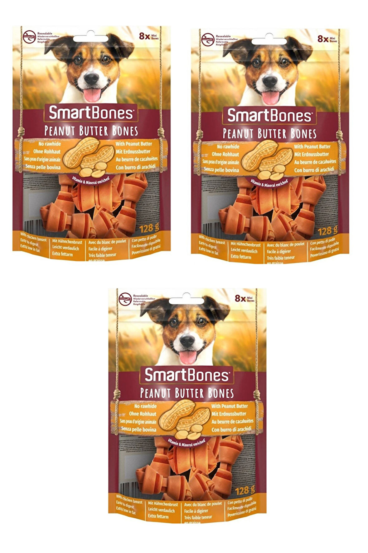 Smartbones Tavuklu ve Fıstık Ezmeli Mini Kemik 8 Li 128 Gr. X 3 Adet