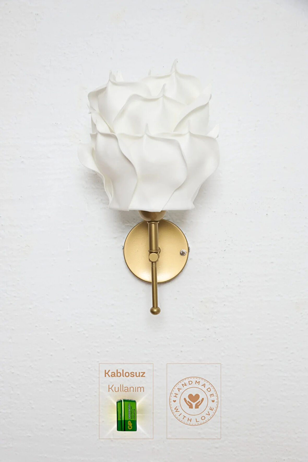 Dekor Eva Gül Üst Beyaz-metal Eskitme Gold Kablosuz Pilli Ledli Duvar Aydınlatması Aplik