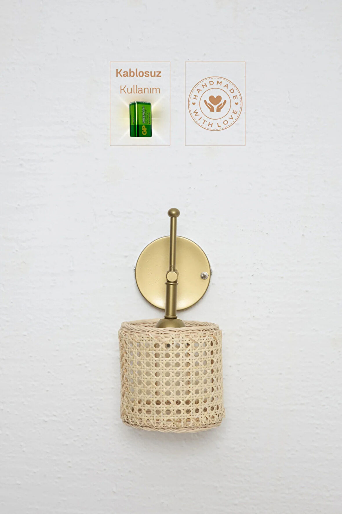 Hazeran & Rattan Aşağı Kablosuz Pilli Duvar Aydınlatması Aplik - Alt Eskitme Gold