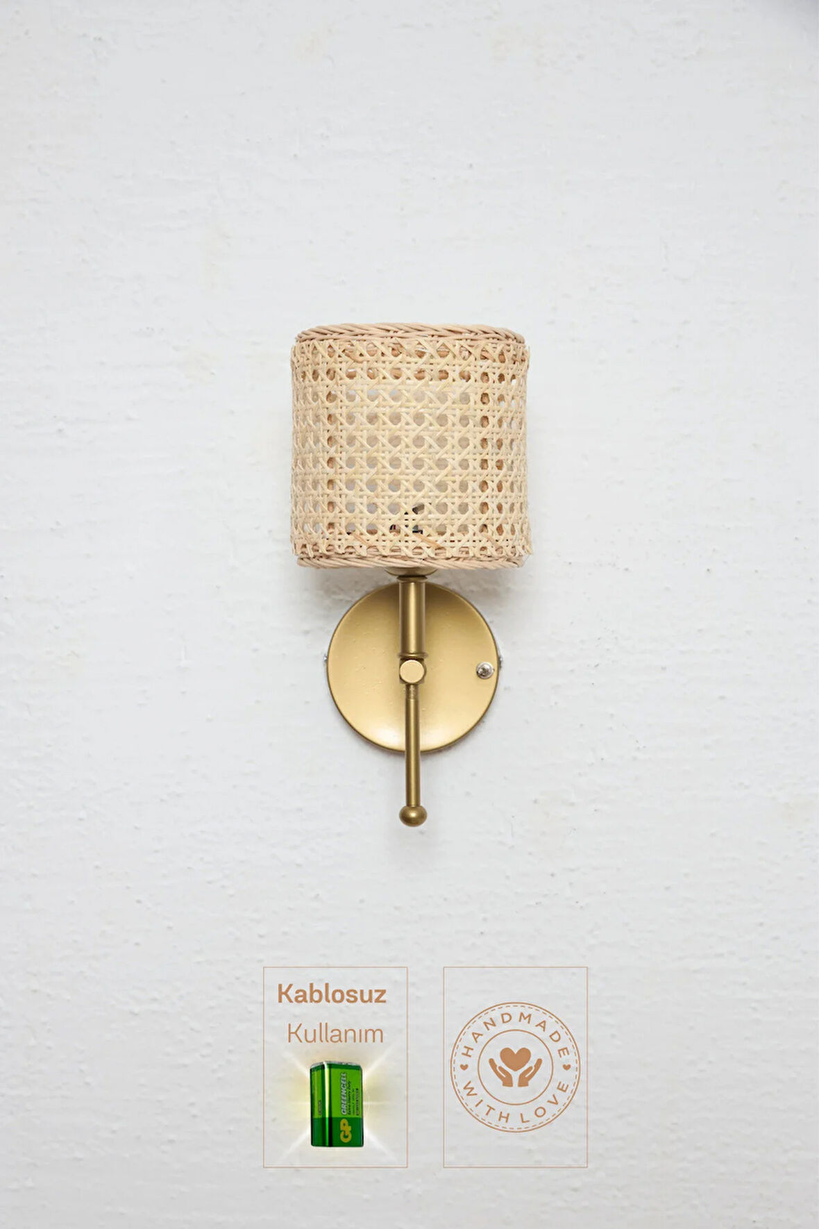 Hazeran & Rattan Doğal Yukarı Eskitme Gold Duvar Aydınlatması Kablosuz Pilli Ledli Aplik