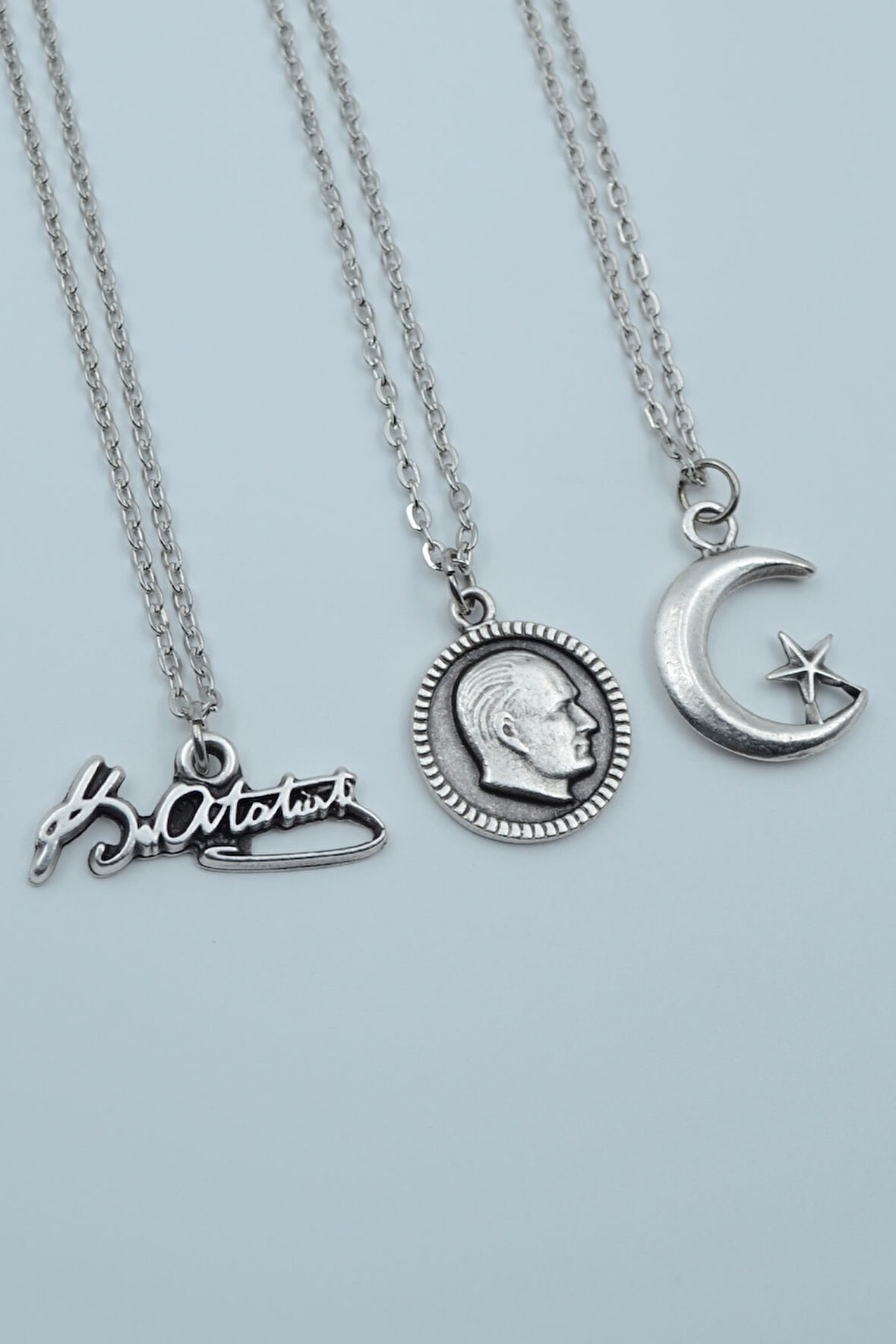 3'lü Atatürk İmza Madalyon Ay Yıldız Gümüş Kaplama Kolye Seti