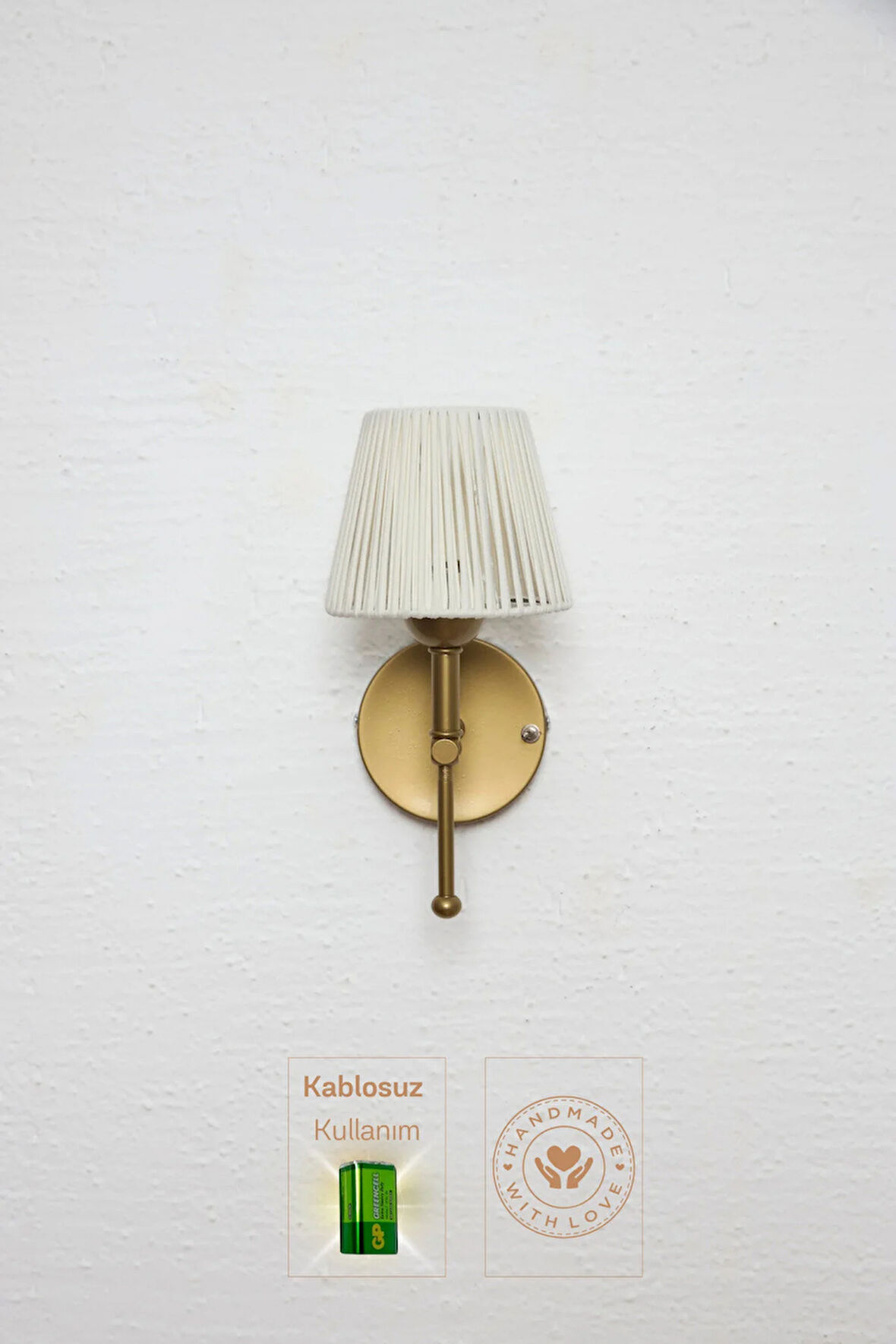 Beyaz Deri Alt Eskitme Metal Duvar Aydınlatması Kablosuz Pilli Ledli Aplik