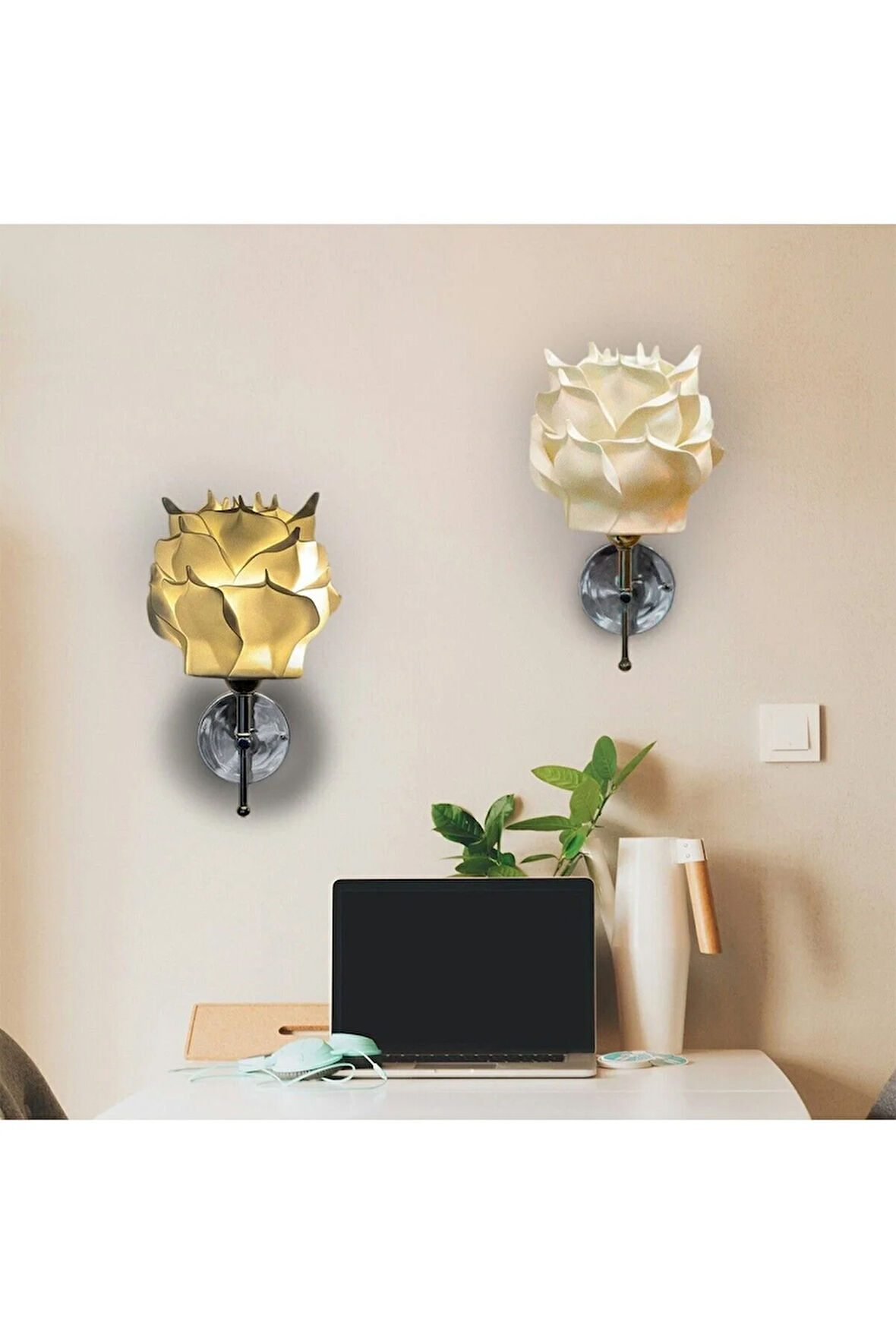 2'li Dekor Eva Gül Üst Beyaz-alt Gümüş Kablosuz Pilli Ledli Duvar Aydınlatması Aplik