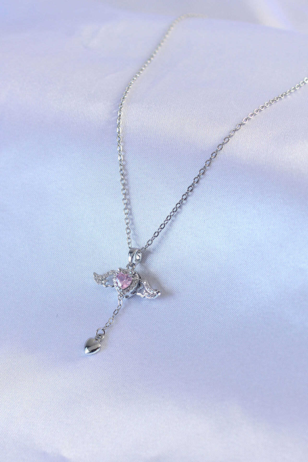  316L Çelik Gümüş Renk Kanatlı Kalp Figür Zirkon Taş Detay Kadın Kolye