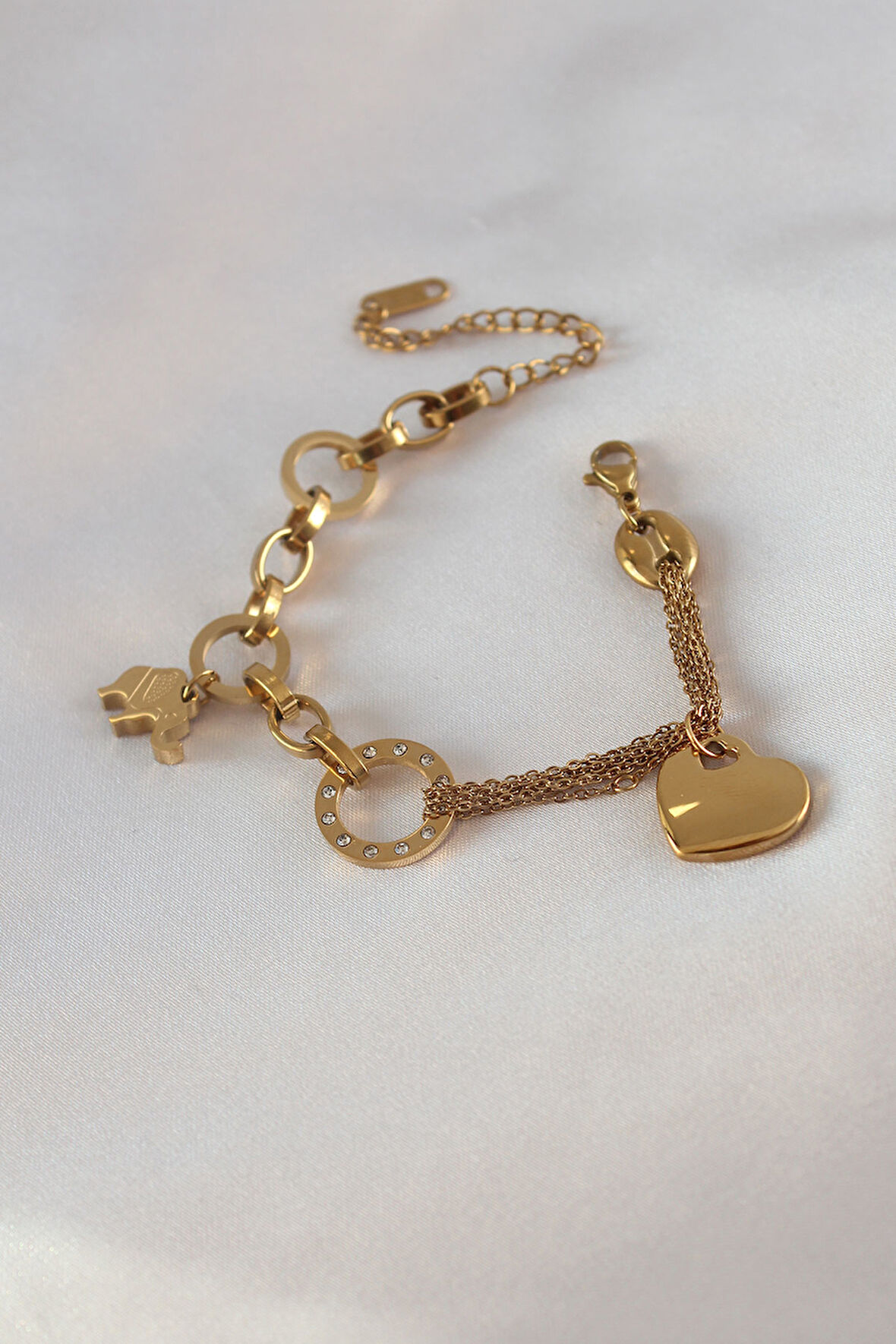  316L Çelik Gold Renk 2'li Zincir Model Zirkon Taş Detay Kadın Bileklik