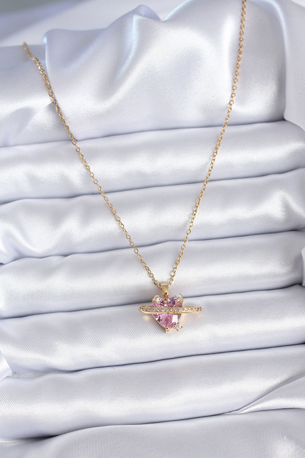  316L Çelik Gold Renk Zincir Pembe Kristal Kalp Model Zirkon Taş Detay Kadın Kolye