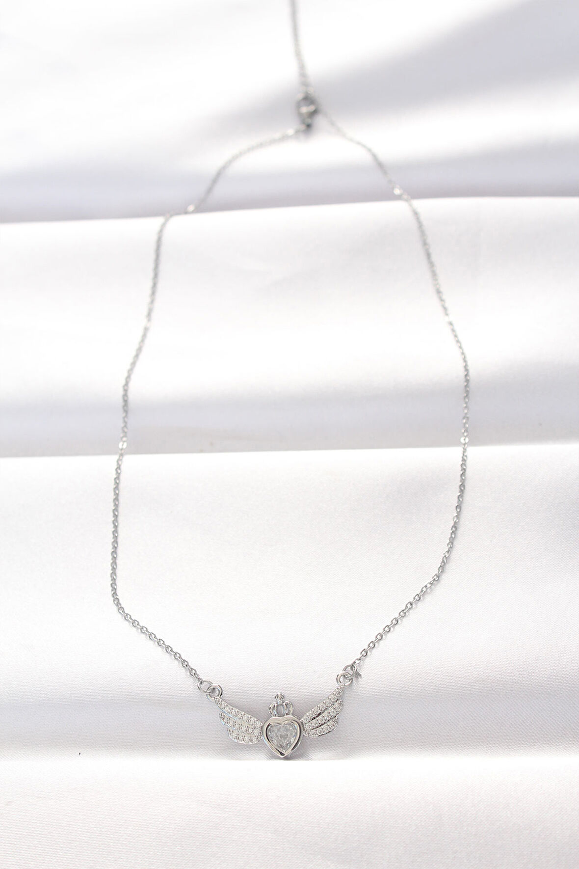  316L Çelik Silver Renk Zirkon Taşlı Kalpli Kanat Kolye