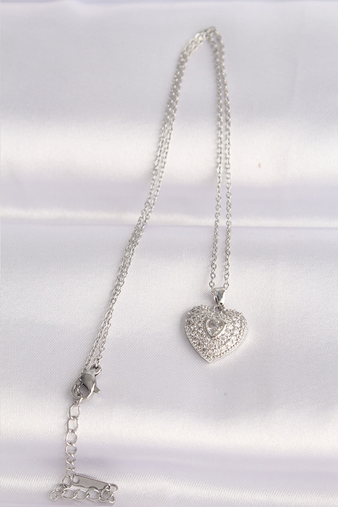  316L Çelik Zincir Gümüş Renk Zirkon Taşlı Kalp Kolye