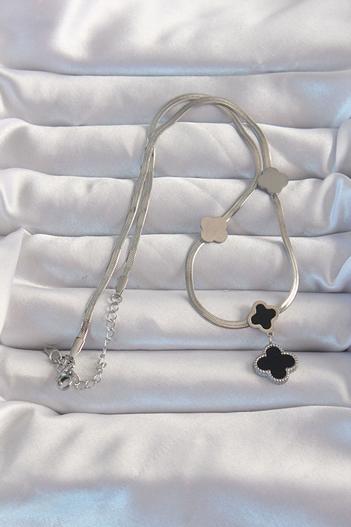  316L Çelik Gümüş Renk İtalyan Zincirli Mineli Yonca Kolye