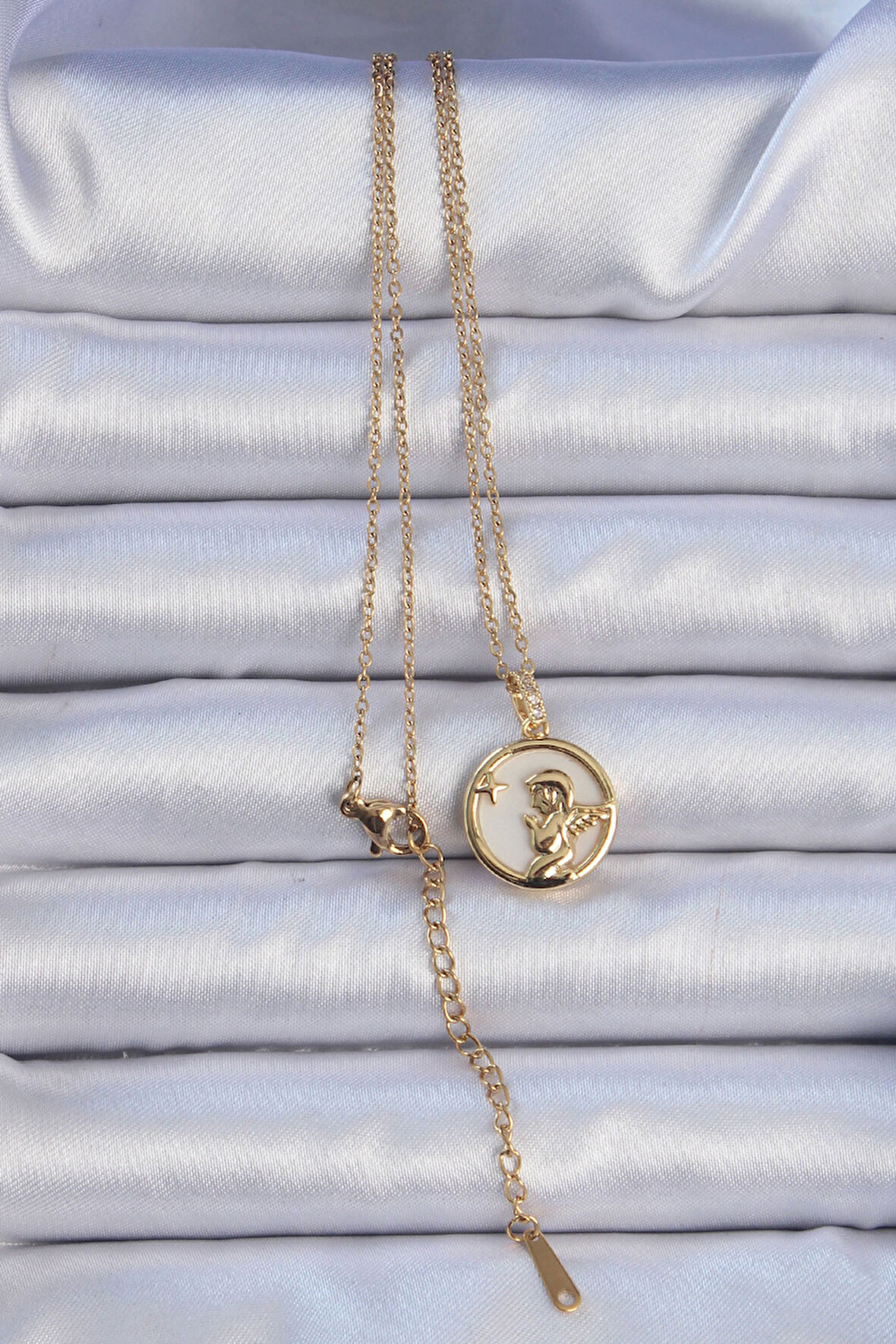  316L Çelik Zincir Altın Renk Zirkon Taşlı Mineli Melek Kolye