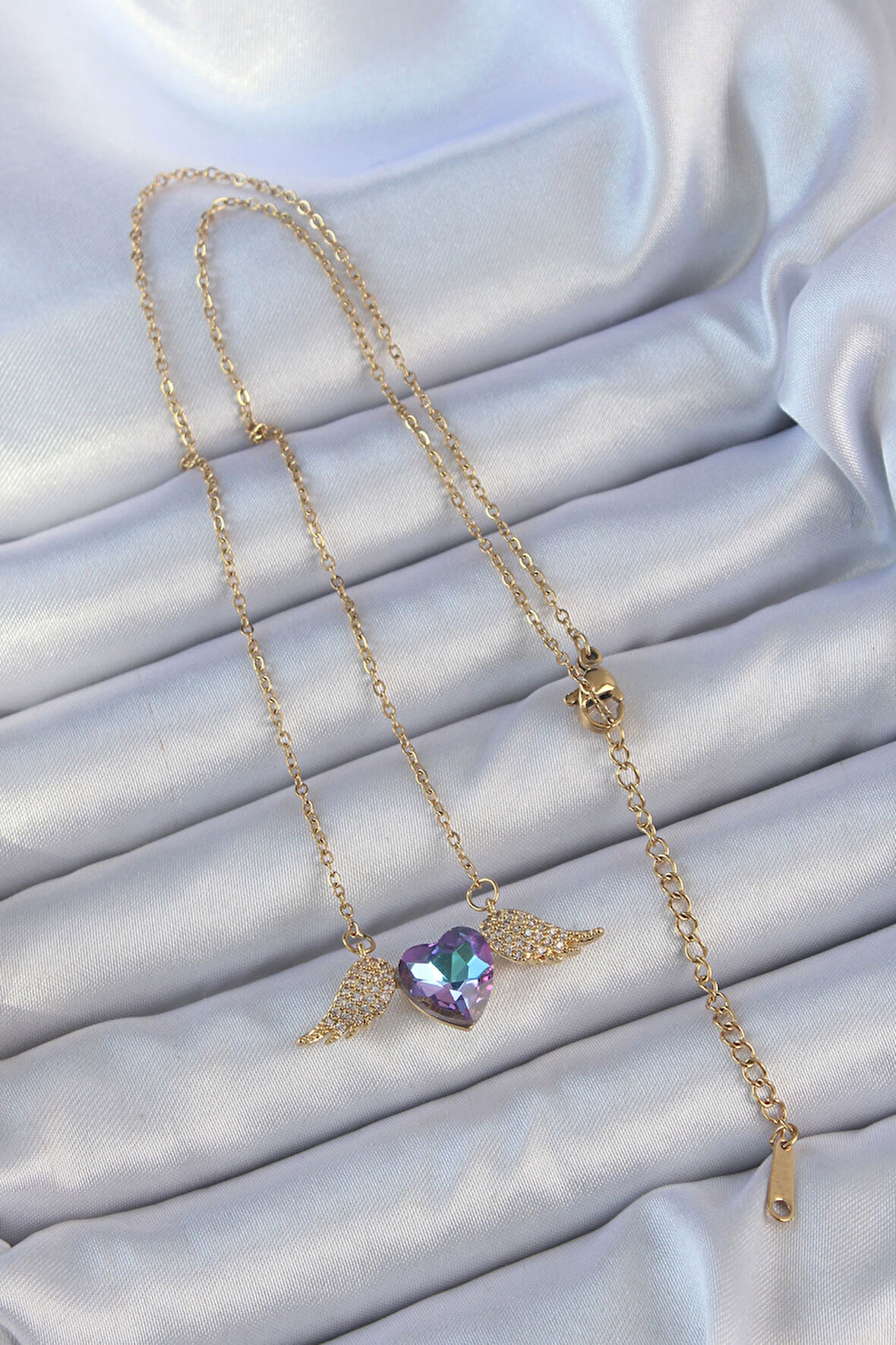  316L Çelik Zincir Altın Renk Mavi Mor Zirkon Taşlı Kanatlı Kalp Kolye