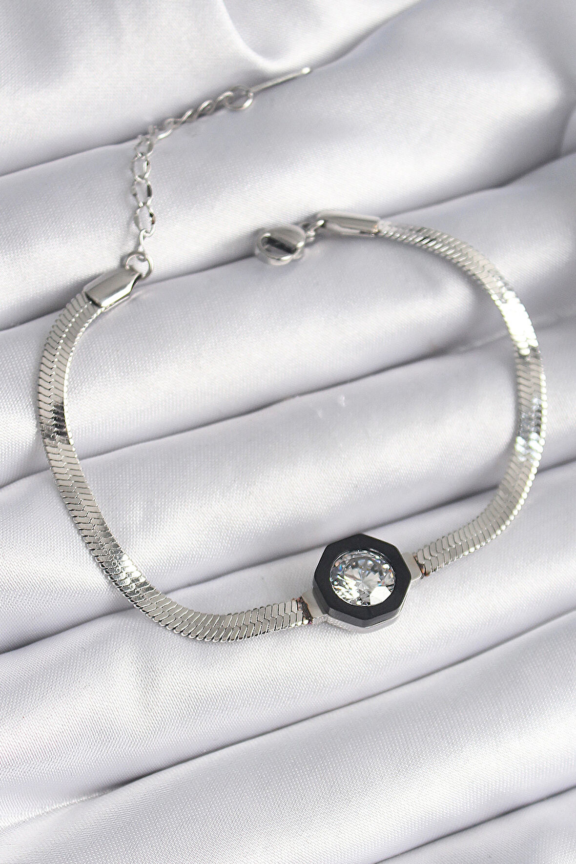  316L Çelik Gümüş Renk Zirkon Taşlı İtalyan Zincir Model Kadın Bileklik