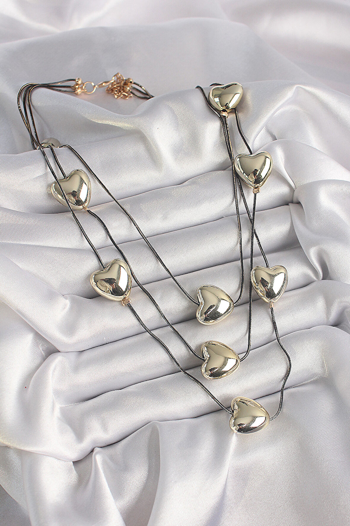  Pirinç Füme Renk Zincir 3D Gold Renk Kalp Model Kadın Kolye