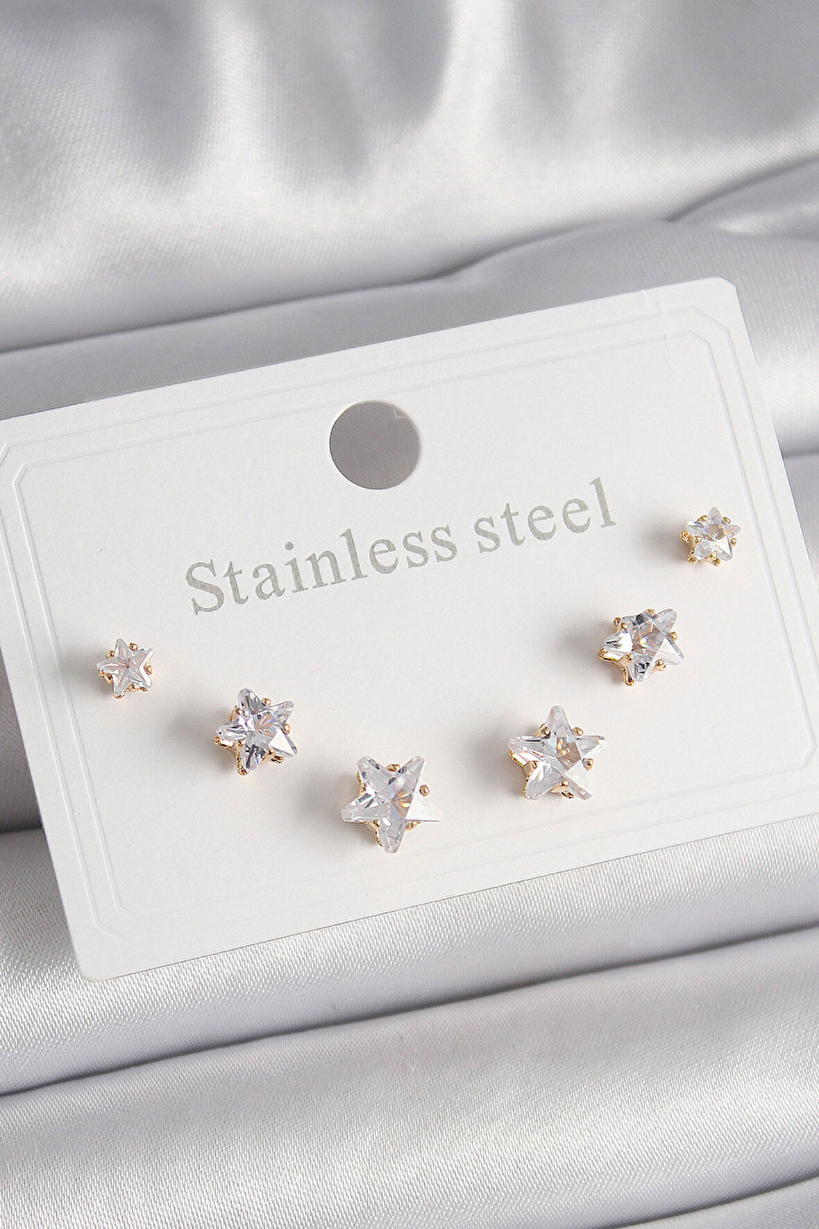  316L Çelik Gold Renk Zirkon Taşlı Yıldız Model Kadın Küpe Seti