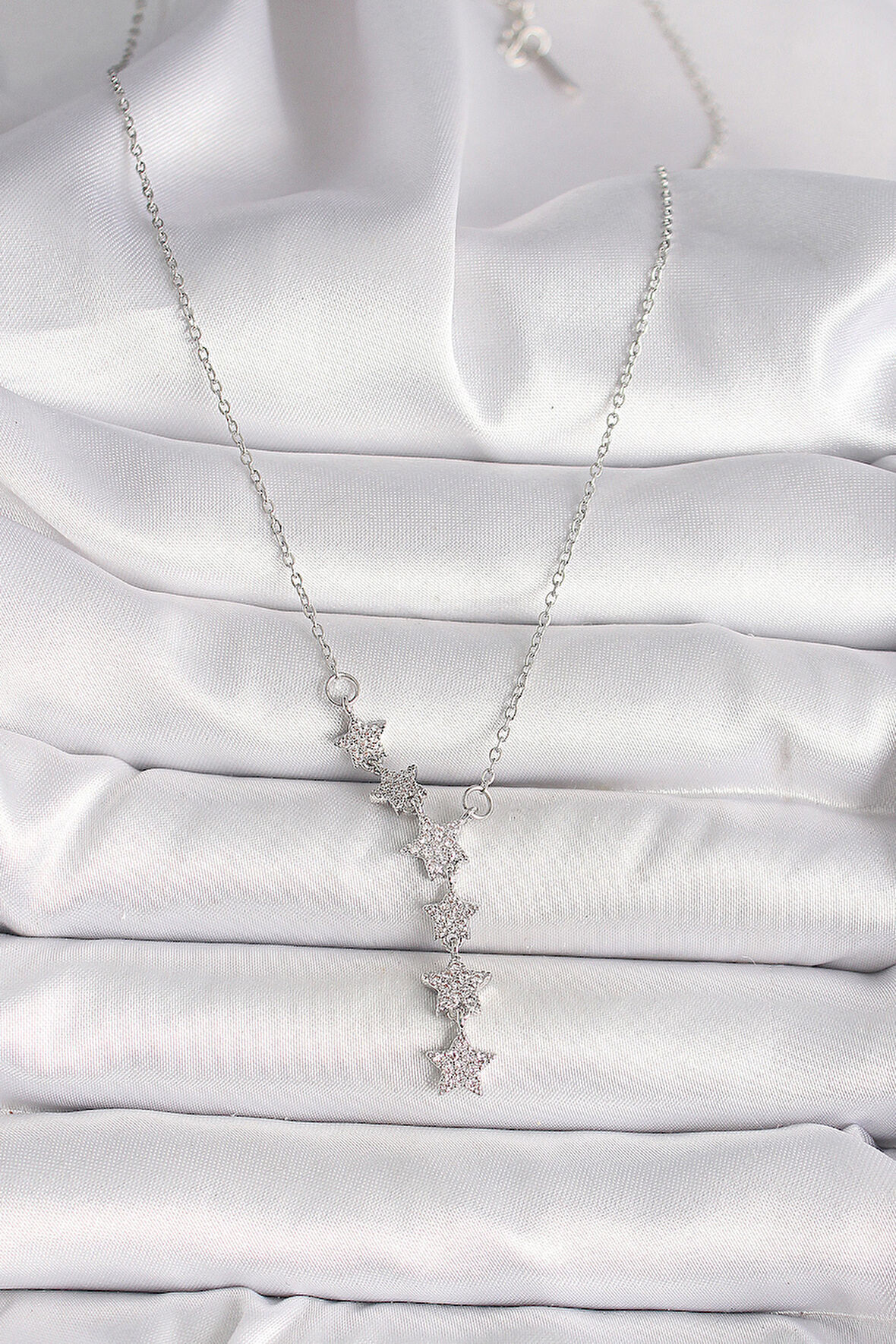  316L Çelik Gümüş Renk Zincir Zirkon Taşlı Yıldız Model Kadın Kolye