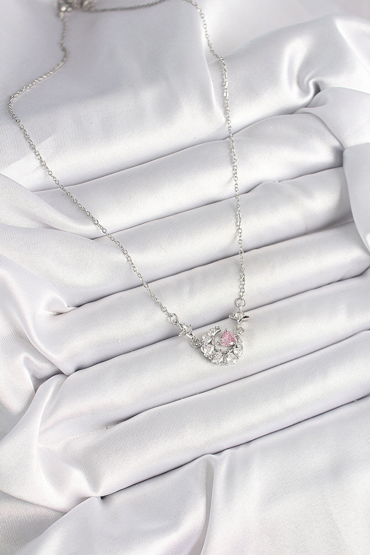  316L Çelik Gümüş Renk Zirkon Taşlı Hilal Pembe Kalp Model Kadın Kolye