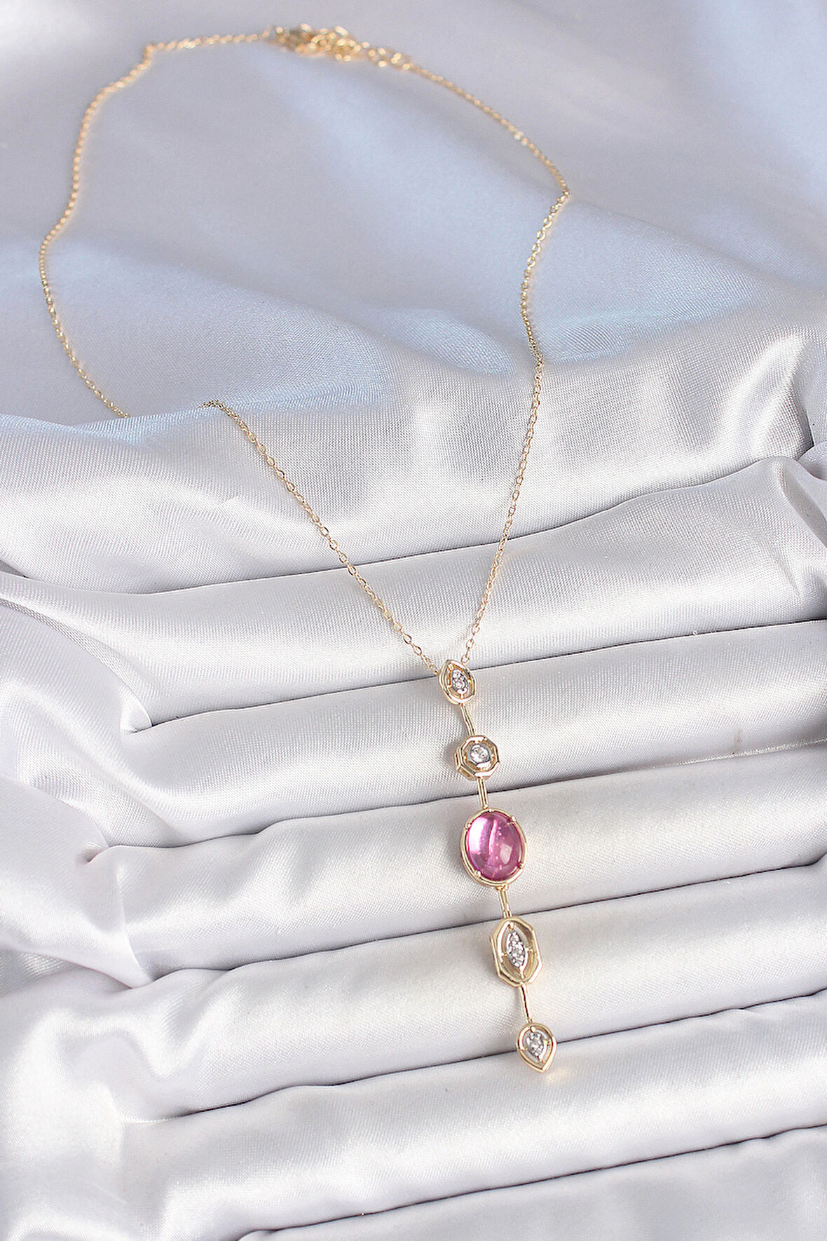  Pirinç Zincir Gold Renk Pembe Zirkon Taşlı Y Kolye