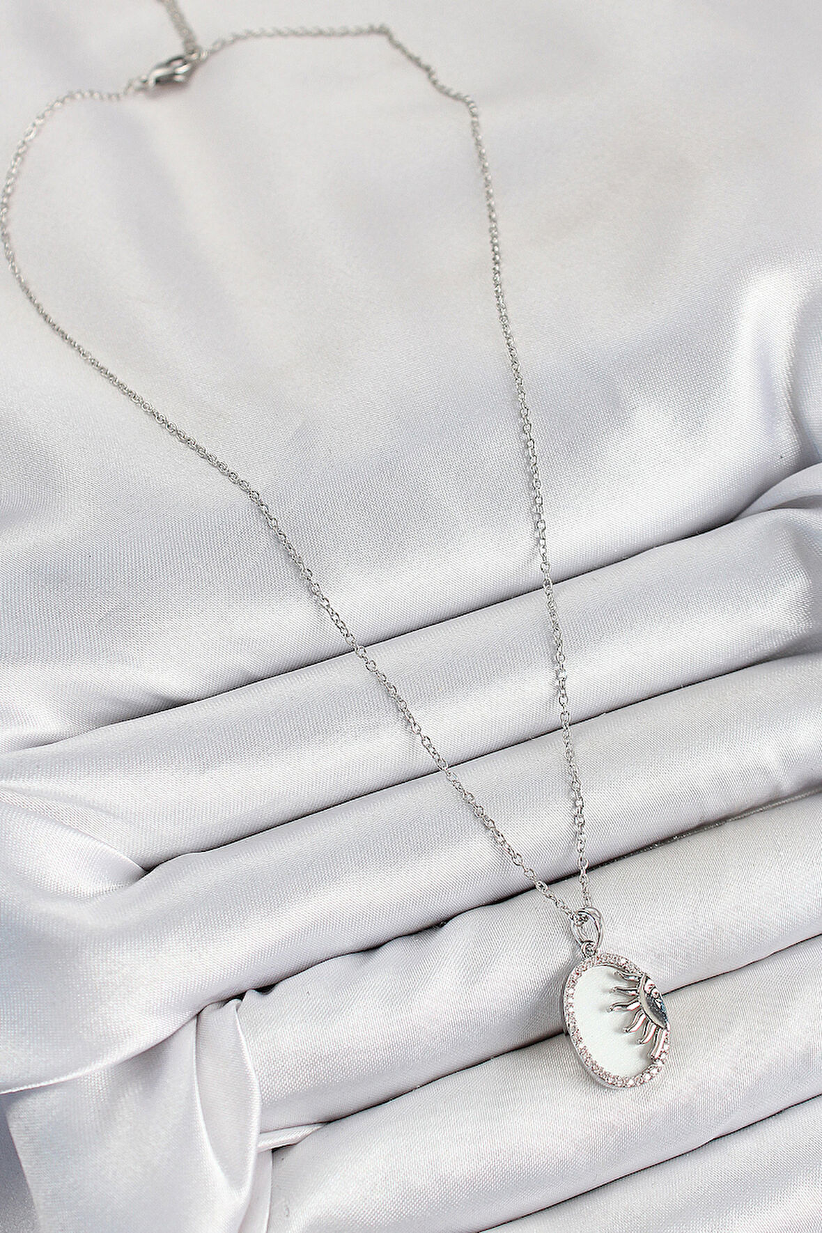  316L Çelik Zirkon Taşlı Yarım Güneş Model Gümüş Renk Kadın Kolye