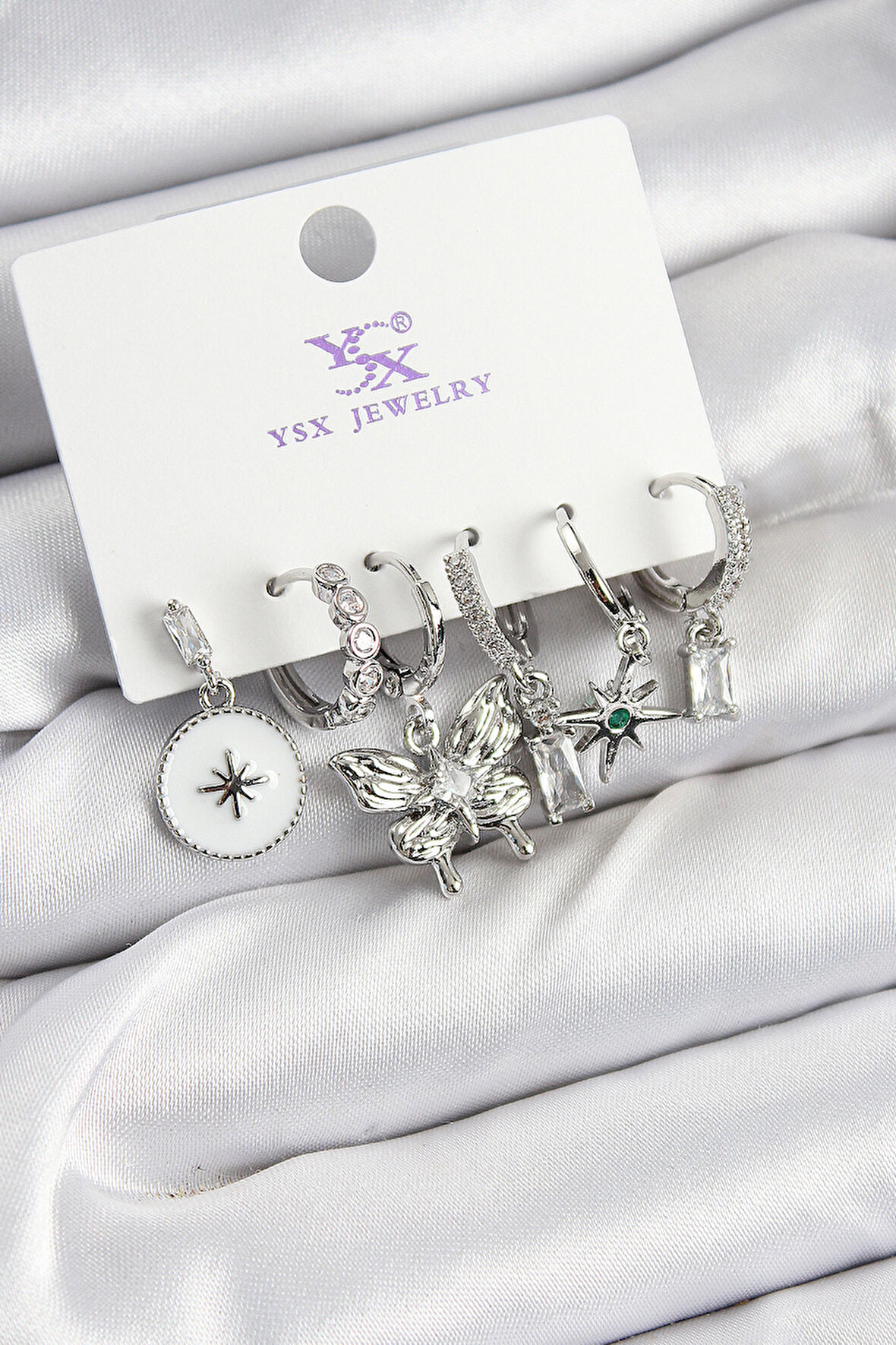  Pirinç Zİrkon Taşlı Kelebek ve Yıldız Model Gümüş Renk 3'lü Çift Kadın Küpe