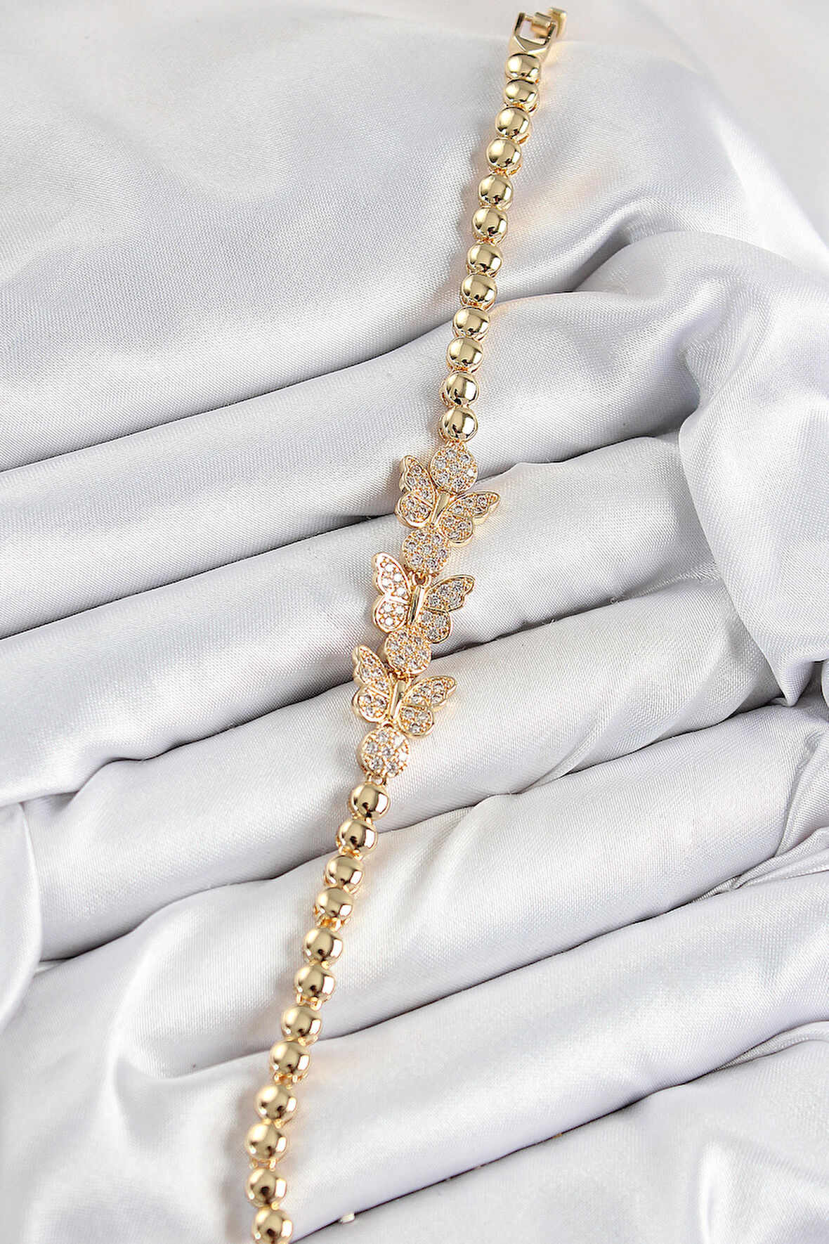  Pirinç Zirkon Taşlı Kelebek Model Gold Renk Kadın Bileklik