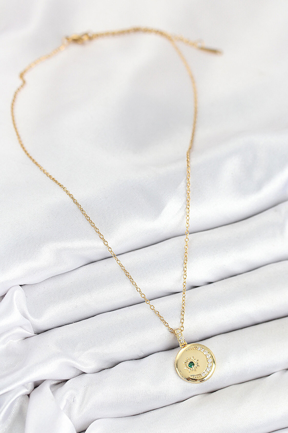  316L Çelik Zirkon Taşlı Ay Ve Güneş Model Gold Renk Kadın Kolye