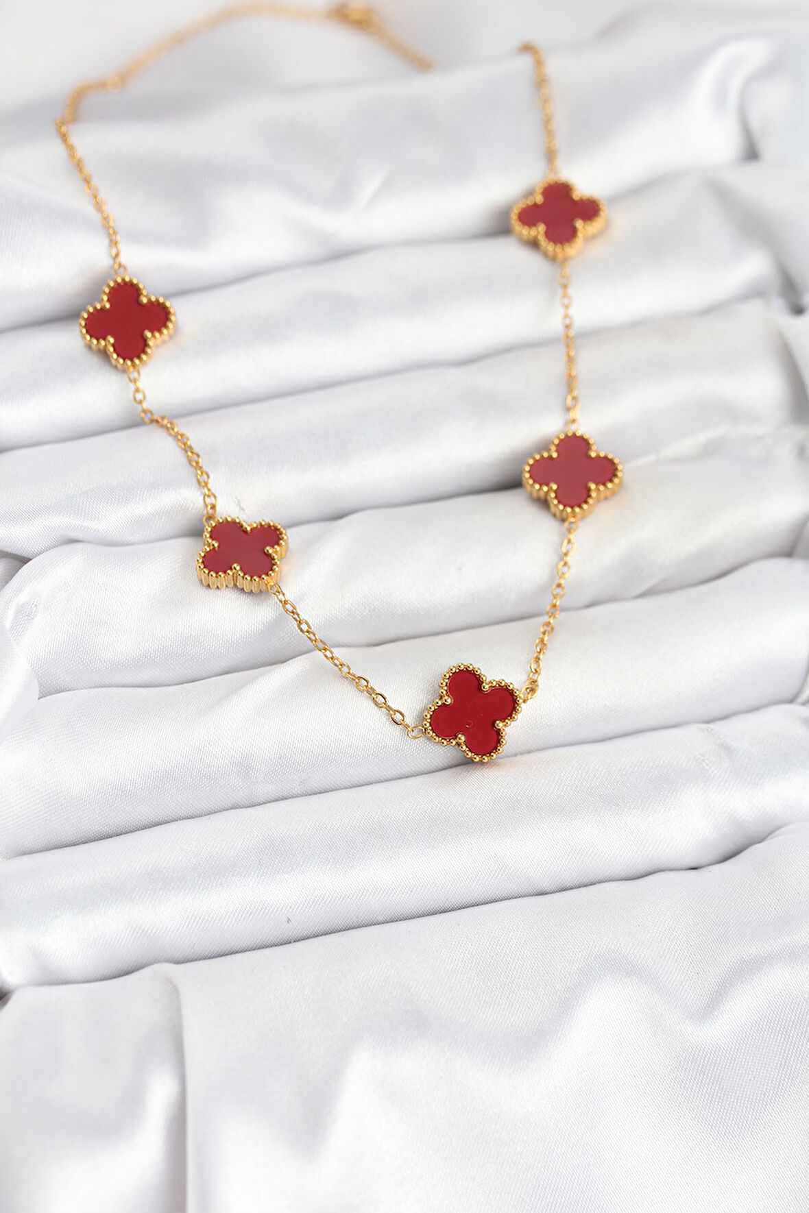  316L Çelik Gold Renk Zincir Bordo Yonca Kadın Kolye