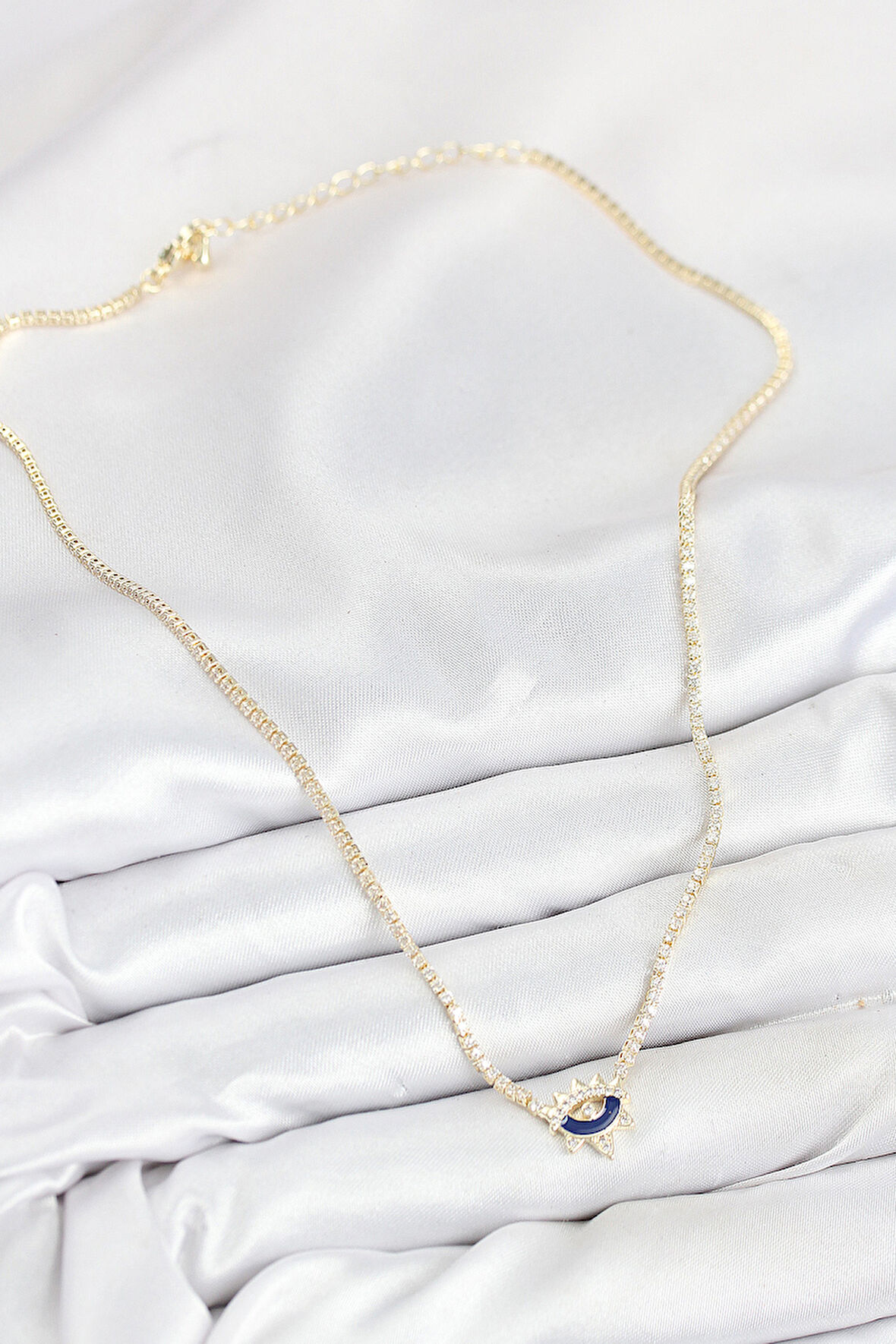  Pirinç Zirkon Taşlı Su Yolu Göz Model Gold Renk Kadın Kolye