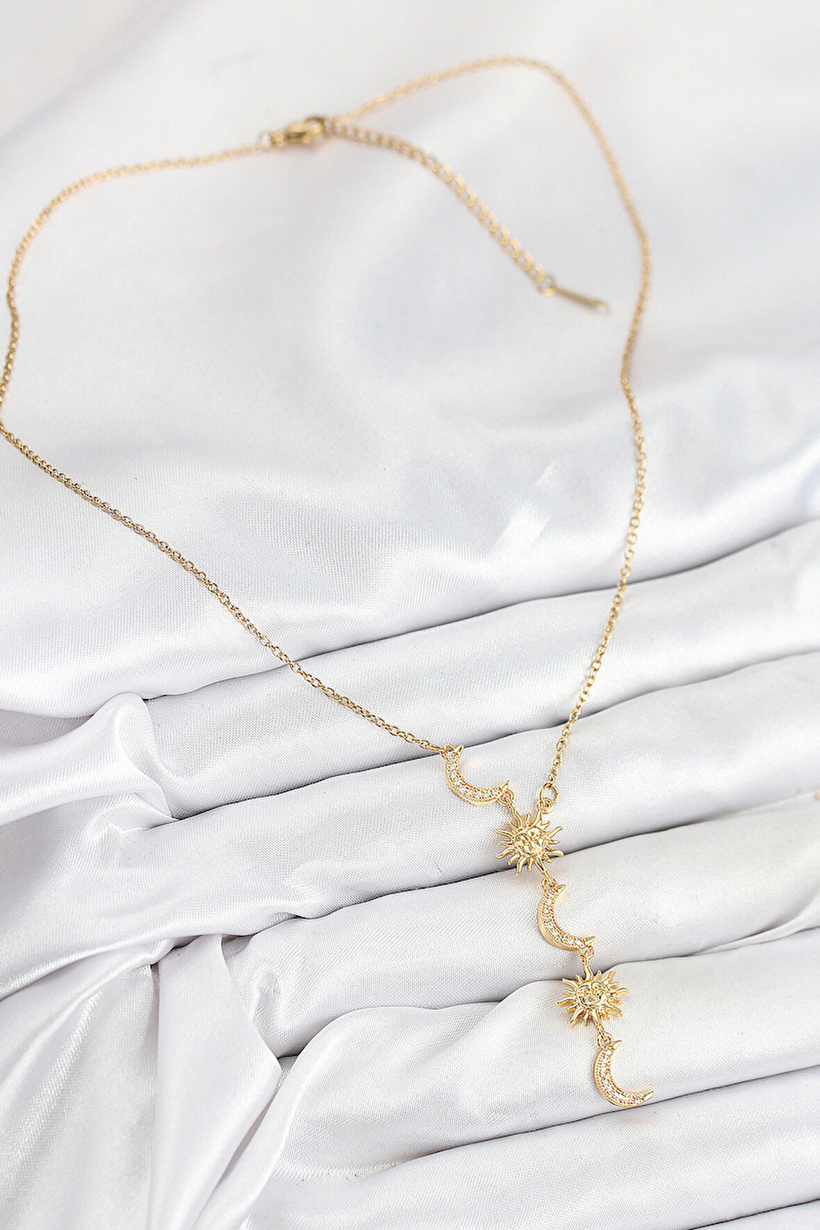  316L Çelik Zirkon Taşlı Güneş Ve Ay Model Gold Renk Kadın Kolye