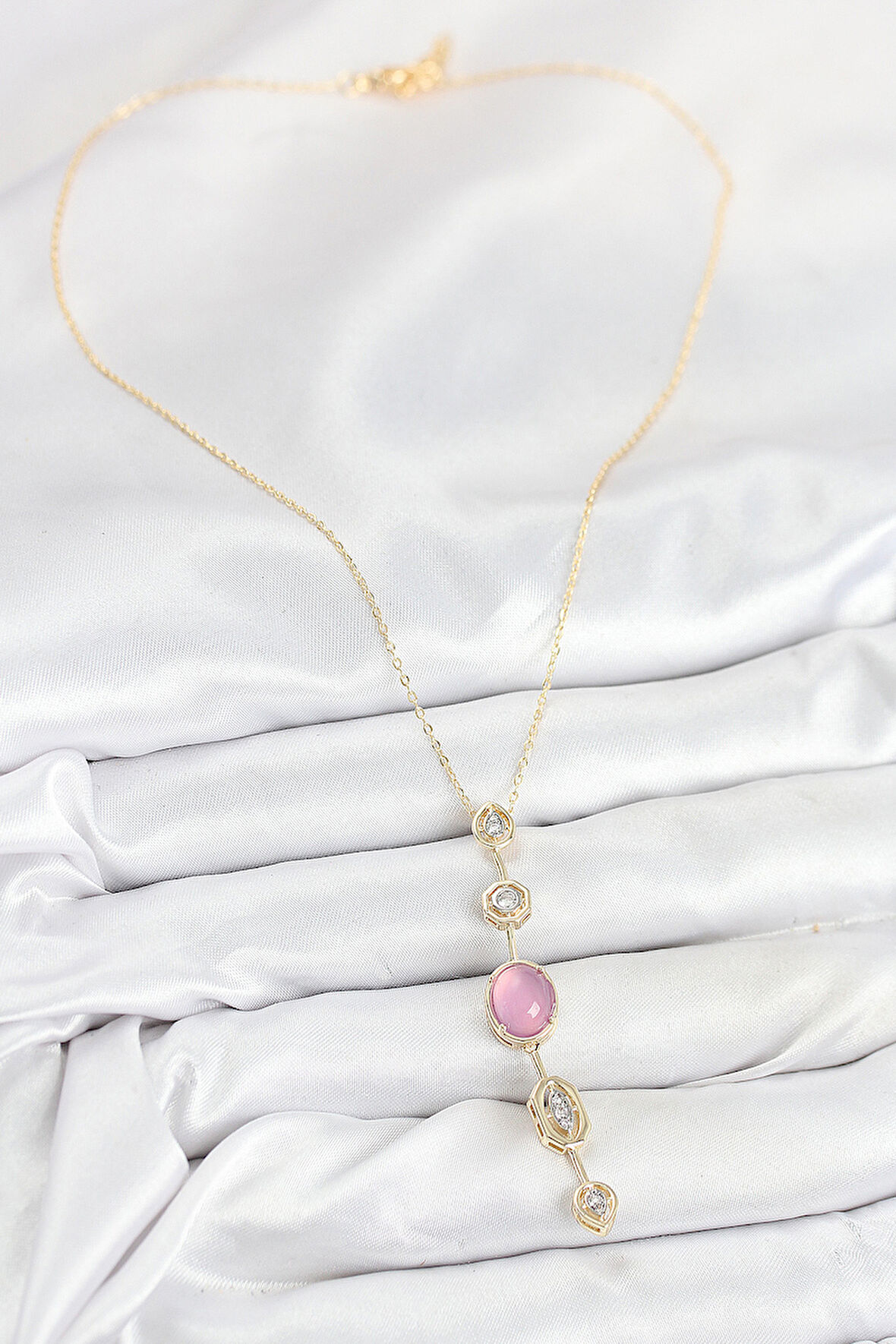  Pirinç Zincir Pembe Gold Renk Zirkon Taşlı Y Kolye