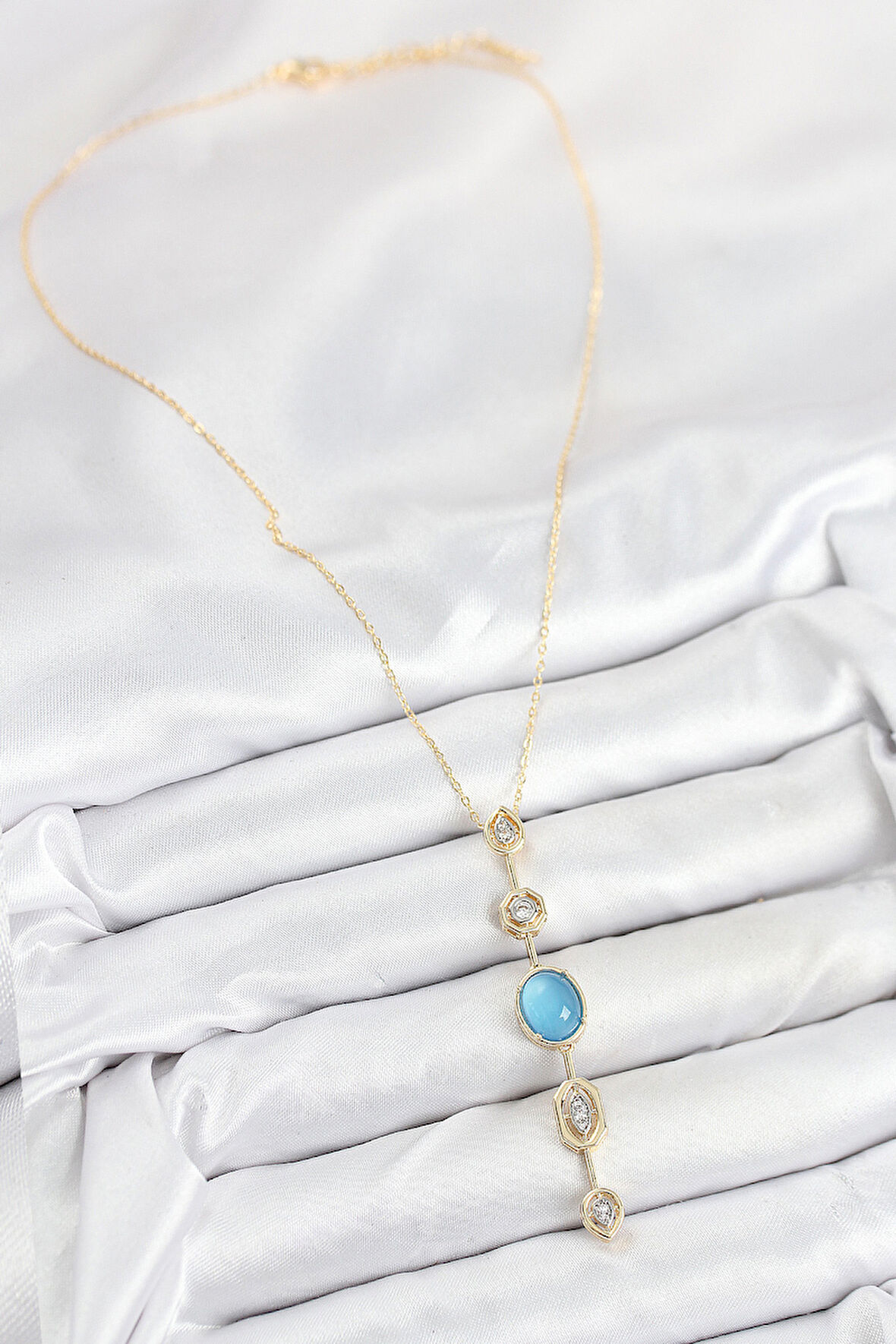  Pirinç Zincir Mavi Gold Renk Zirkon Taşlı Y Kolye