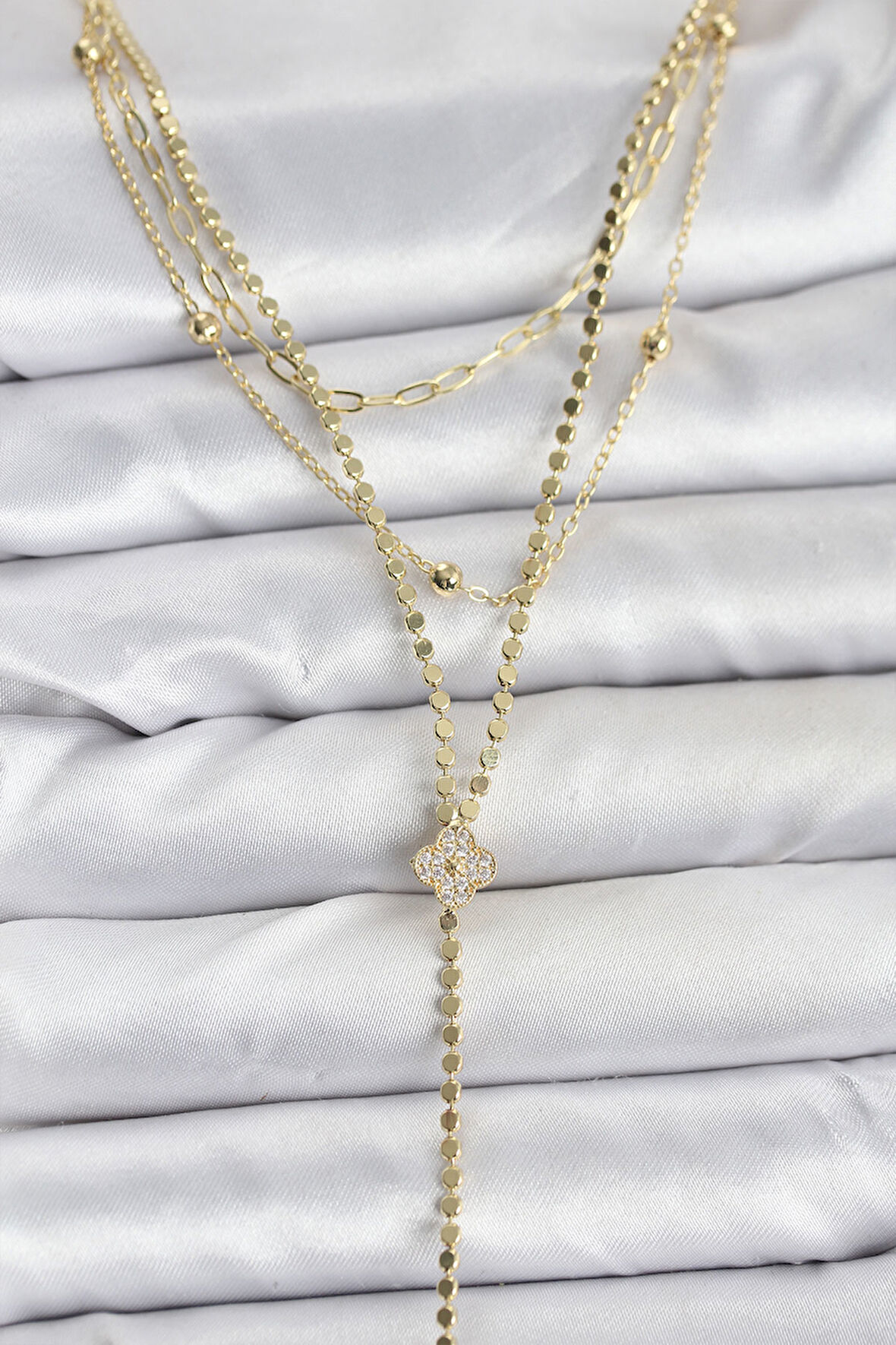 Pirinç Gold Renk Zirkon Taşlı Yonca Model Detaylı 3'lü Kombin Y Kadın Kolye