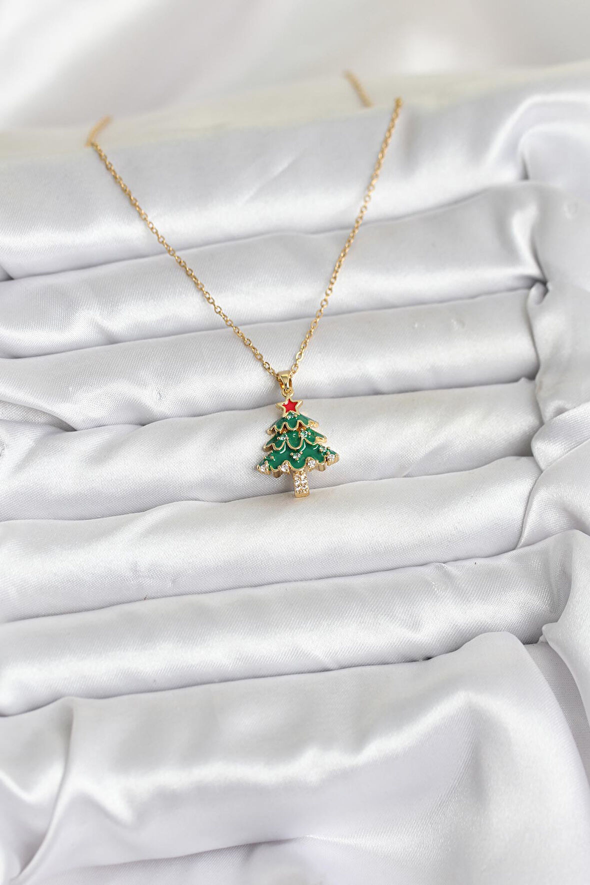 Gold Renk Çam Ağacı Model Yılbaşı Temalı Kadın Kolye (316L Çelik Zincir) 