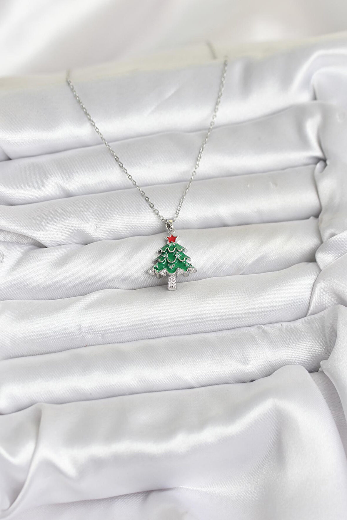 Gümüş Renk Çam Ağacı Model Yılbaşı Temalı Kadın Kolye (316L Çelik Zincir) 