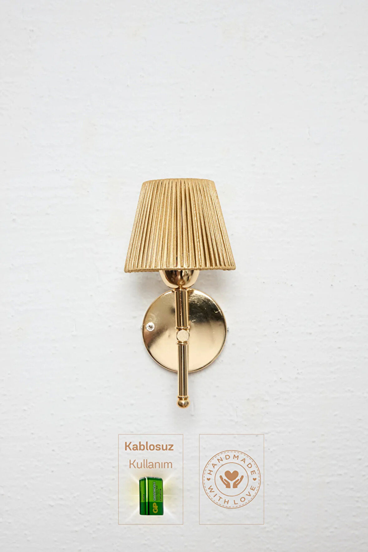 Parlak Gold Deri Alt Parlak Gold Metal Duvar Aydınlatması Kablosuz Pilli Ledli Aplik