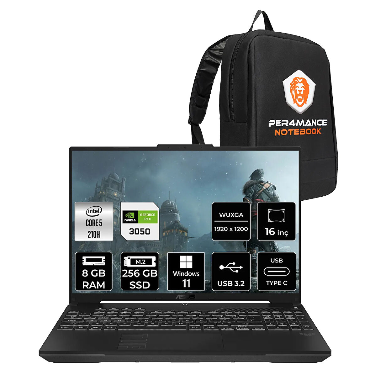 ASUS TUF Gaming F16 Core5 210H 8GB 256GB SSD RTX3050/6GB 16" WUXGA 144Hz W11P Laptop FX607VJ